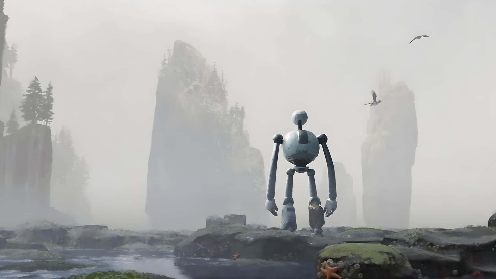 The Wild Robot, silver robot, mossy rocks, Full HD Desktop Wallpaper