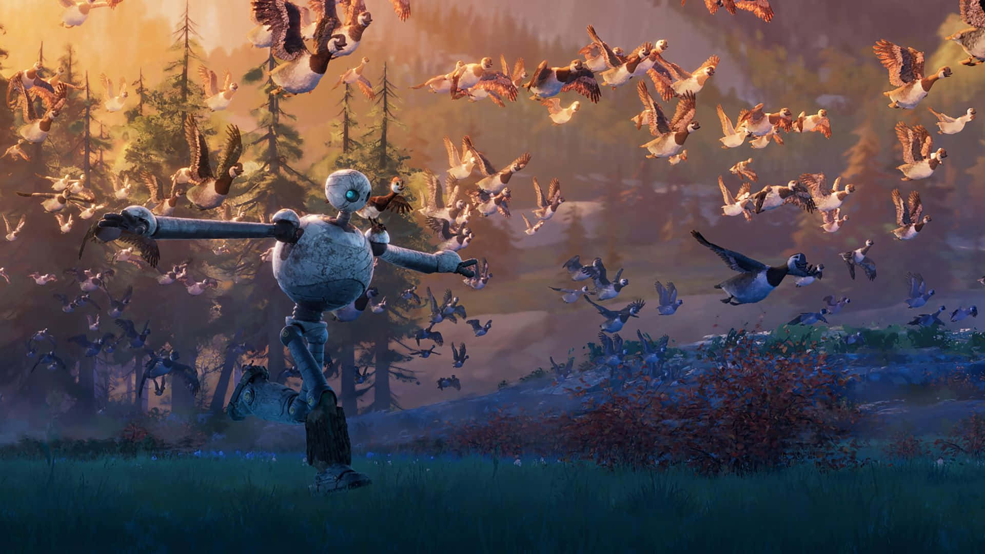 The Wild Robot, silver robot, geese, Full HD Desktop Wallpaper
