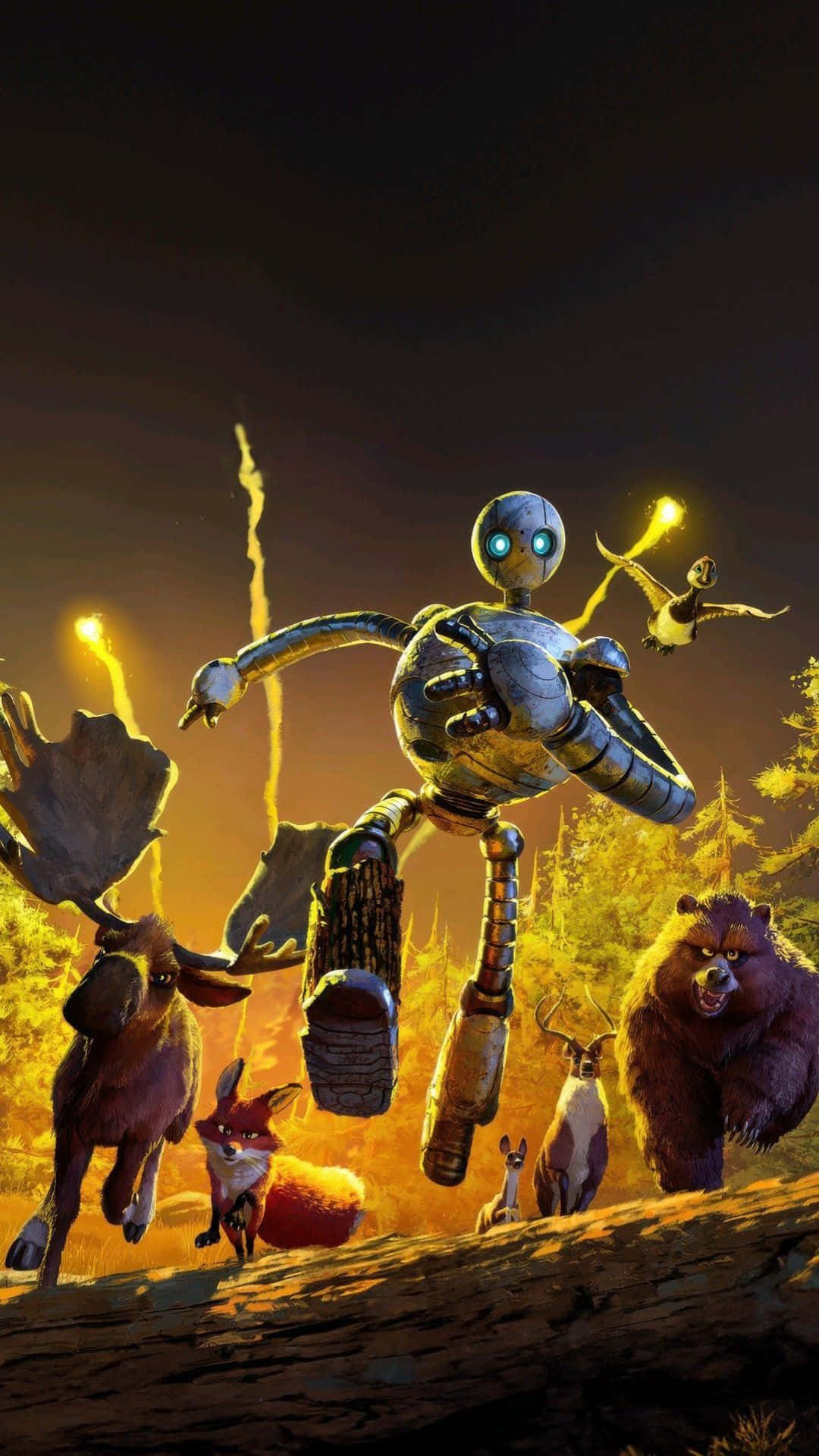 The Wild Robot, golden forest, glowing robot, Full HD Phone Wallpaper