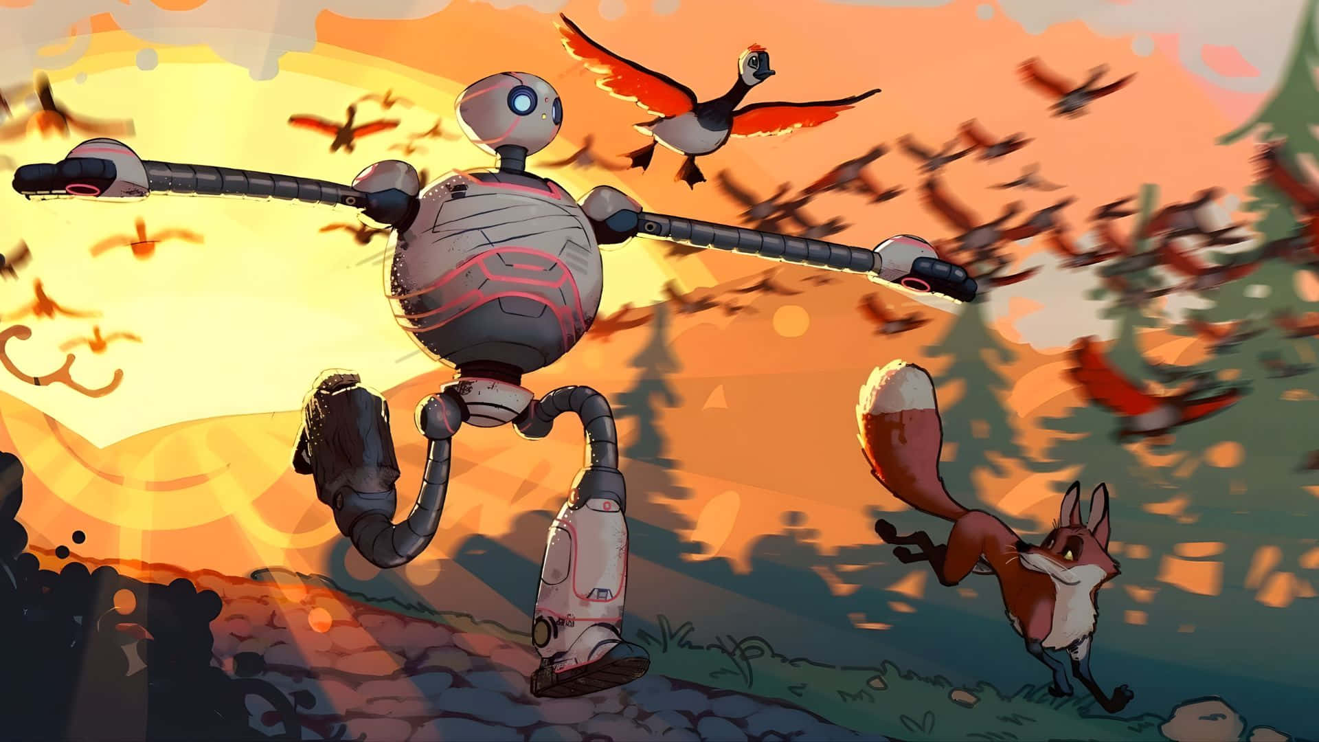 The Wild Robot, sunset landscape, birds, Full HD Desktop Wallpaper