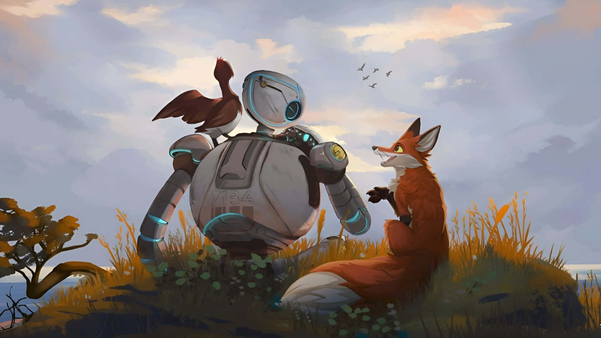 The Wild Robot, silver robot, bird, Full HD Desktop Wallpaper