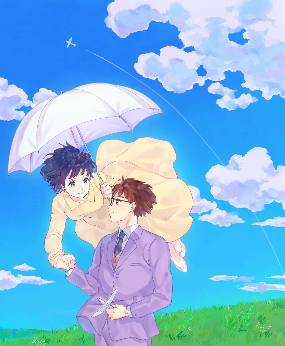 The Wind Rises, white umbrella, bright blue sky, HD Phone Wallpaper