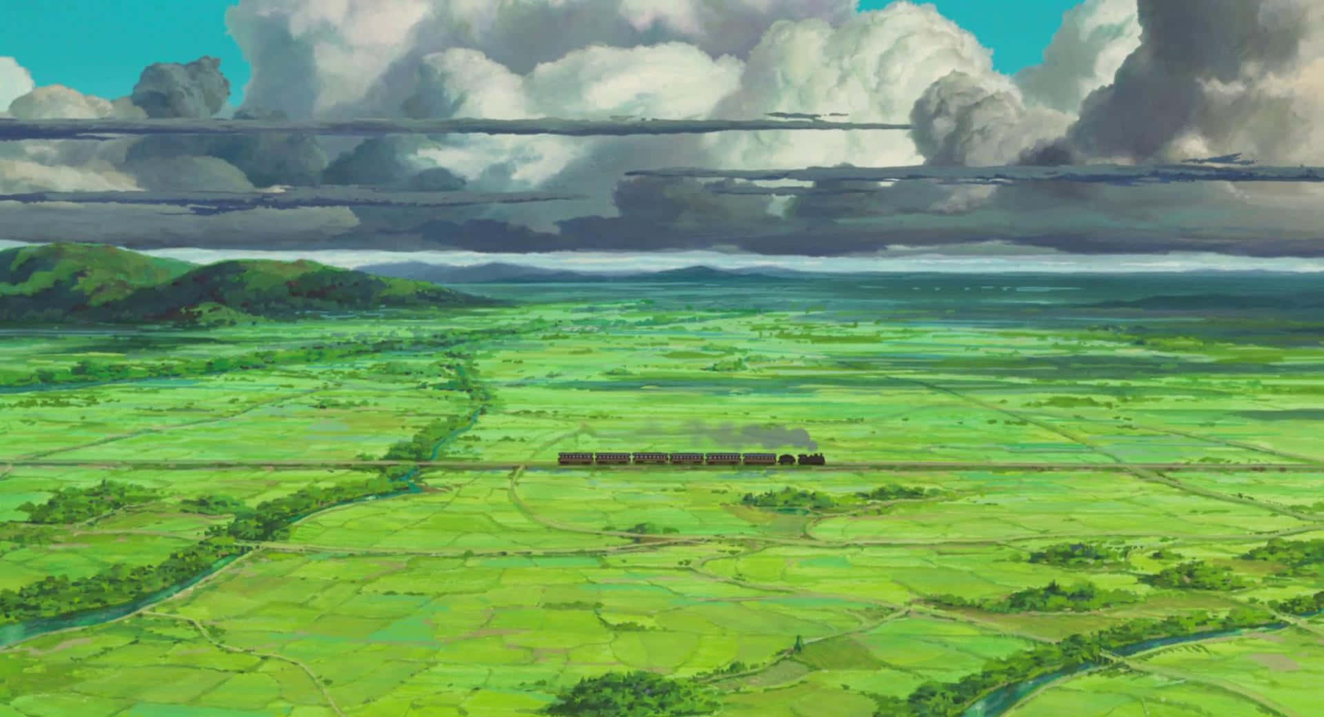 The Wind Rises, steam train, green rice paddy, Full HD Desktop Wallpaper