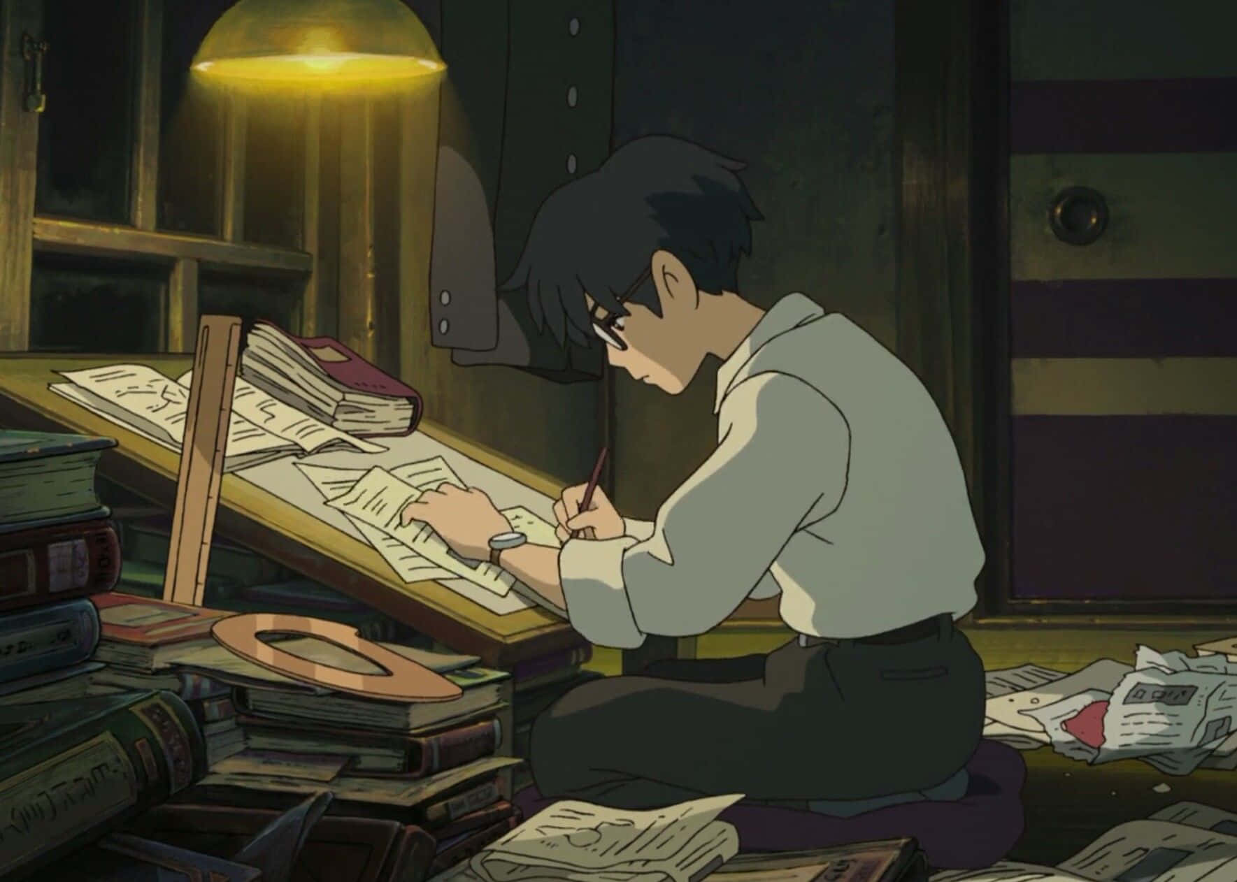 The Wind Rises, glasses, cluttered desk, HD Desktop Wallpaper