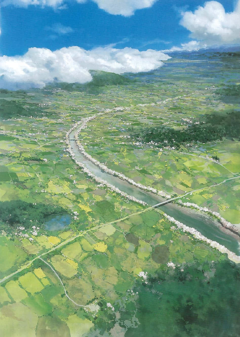 The Wind Rises, winding river, vibrant green patchwork fields, HD Phone Wallpaper