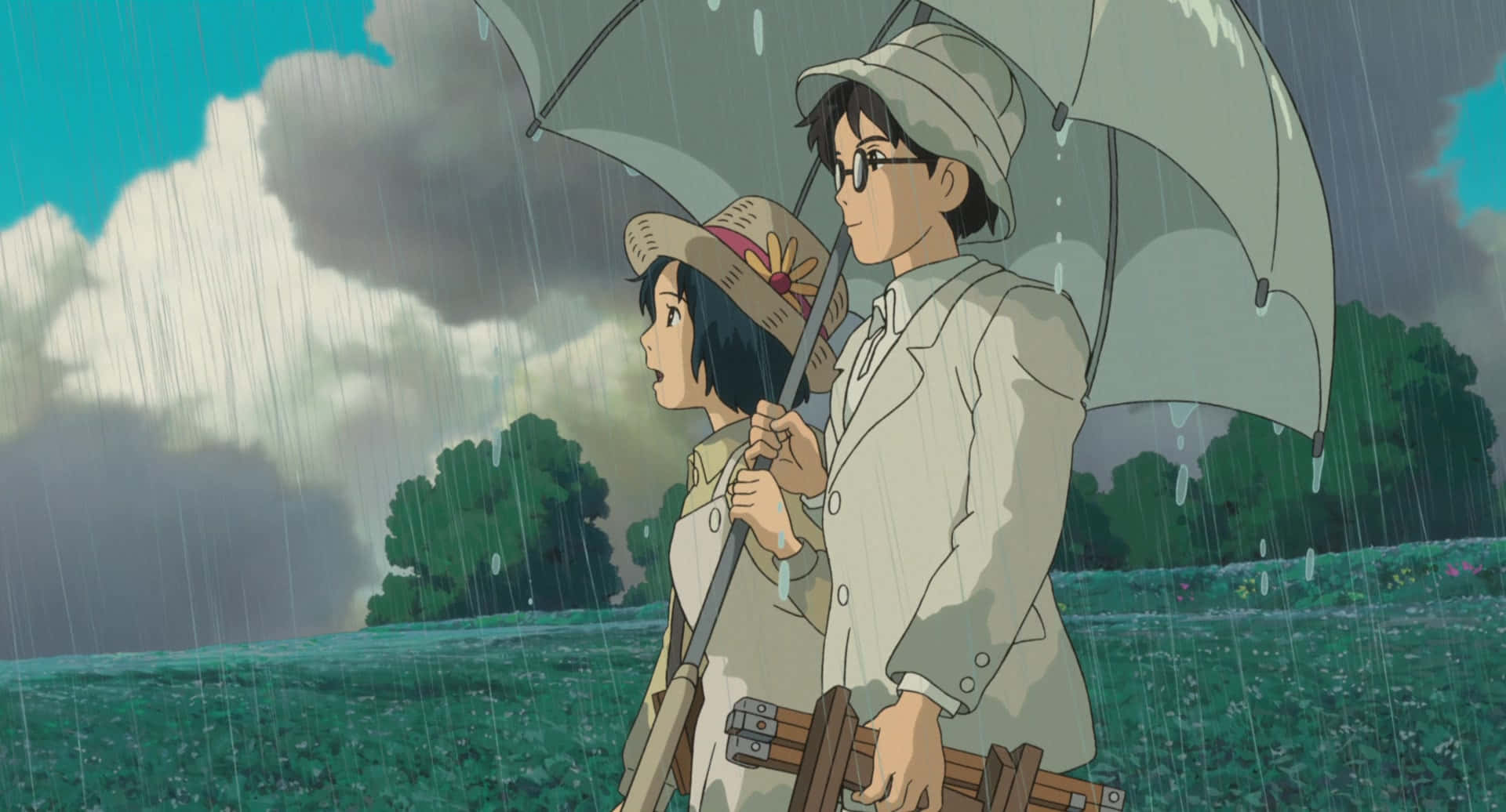 The Wind Rises, grey umbrella, green field, Full HD Desktop Wallpaper