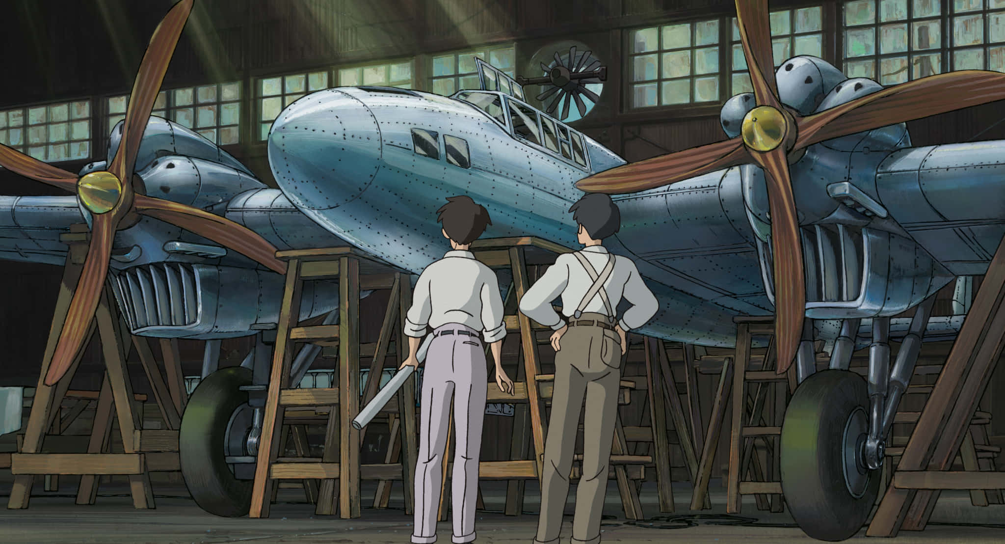 The Wind Rises, vintage propeller planes, sunlit hangar, Full HD Desktop Wallpaper