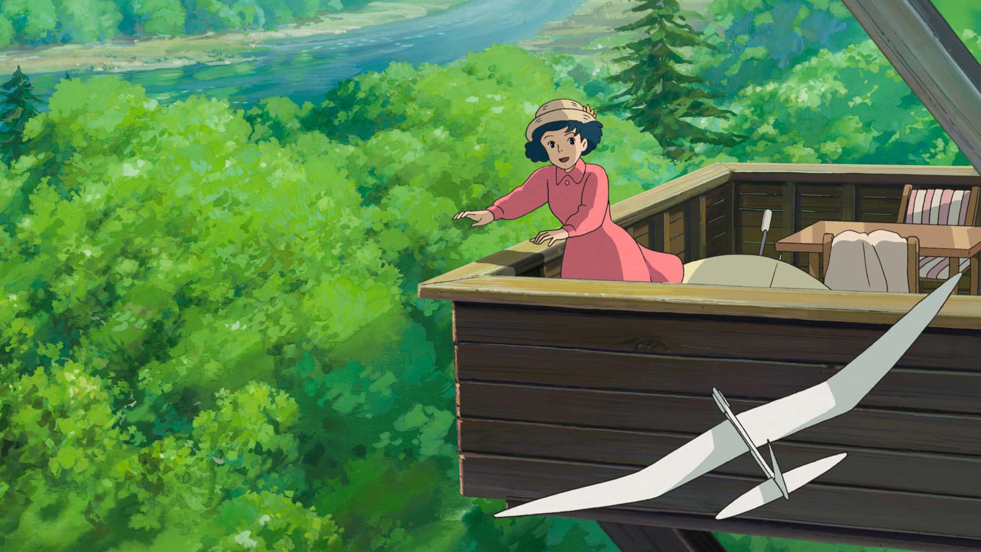 The Wind Rises, pink dress, wooden balcony, Full HD Desktop Wallpaper