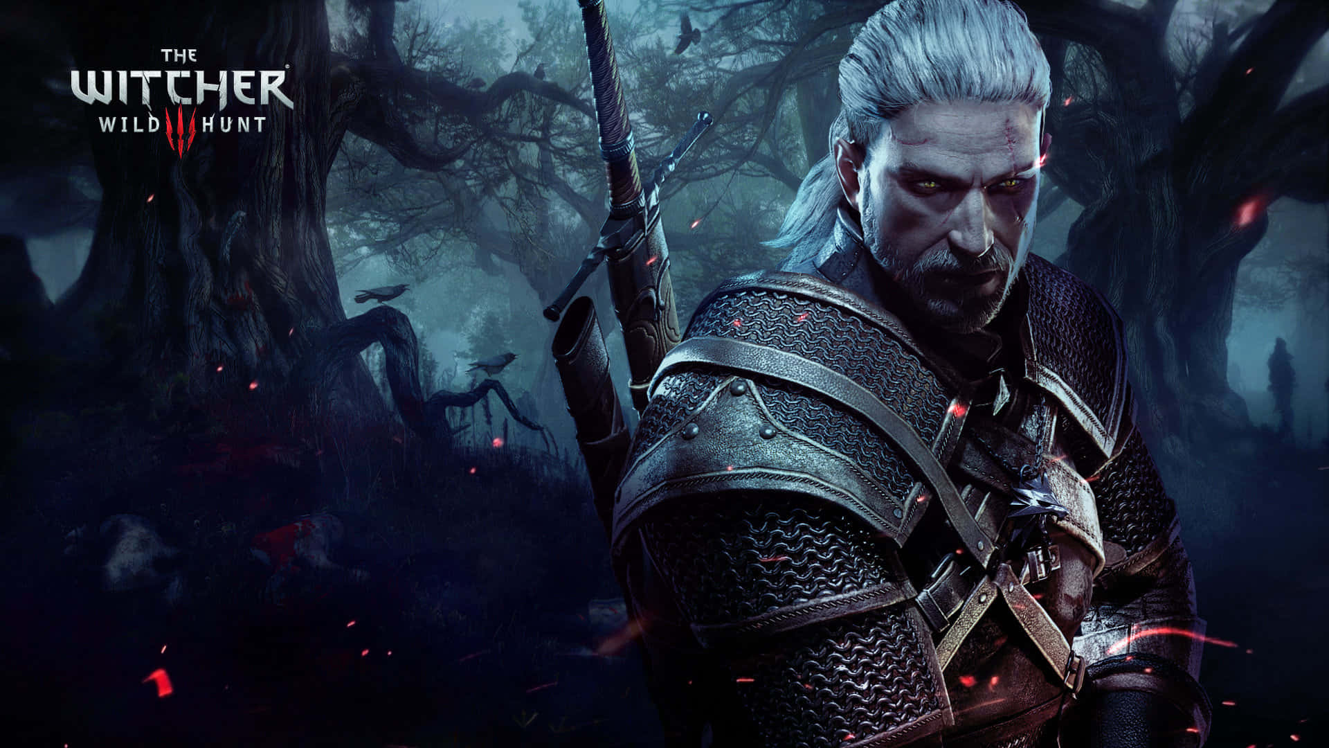 The Witcher 1920x1080, white hair, glowing red eyes, Full HD Desktop Wallpaper