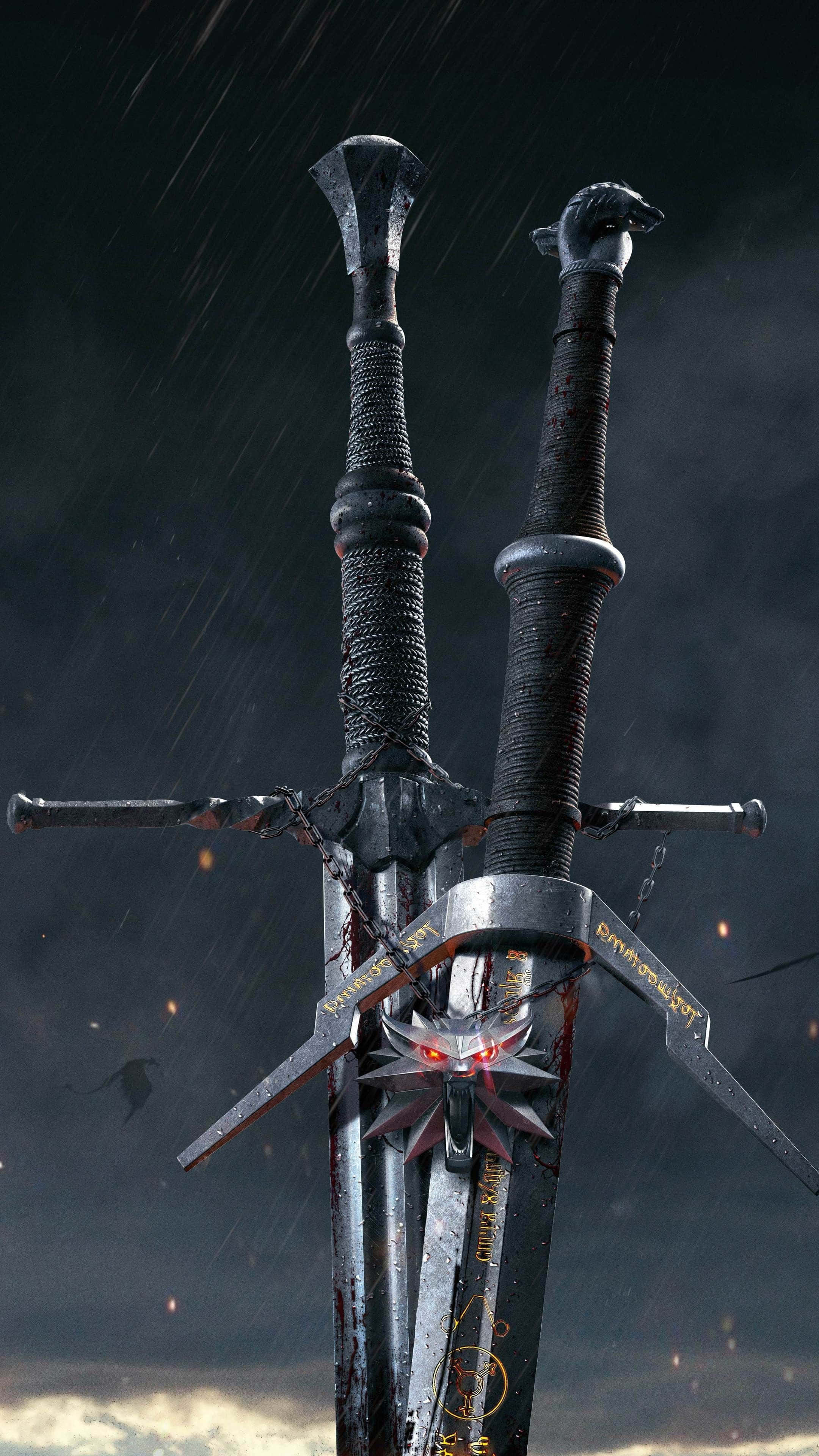 The Witcher 3 Wild Hunt, steel swords, medallion, 4K Phone Wallpaper