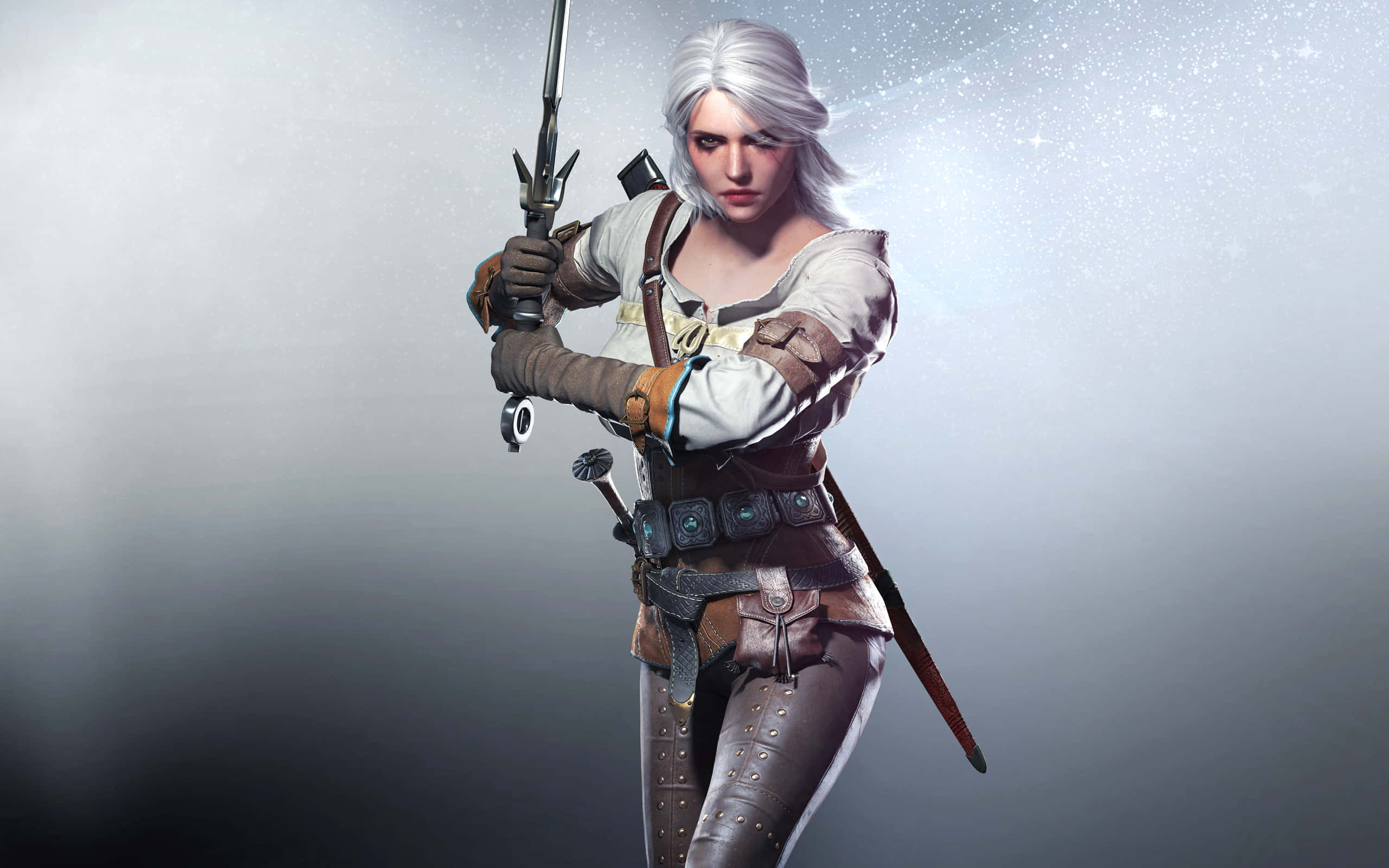The Witcher 3 Wild Hunt, white-haired warrior, leather armor, 2K Desktop Wallpaper