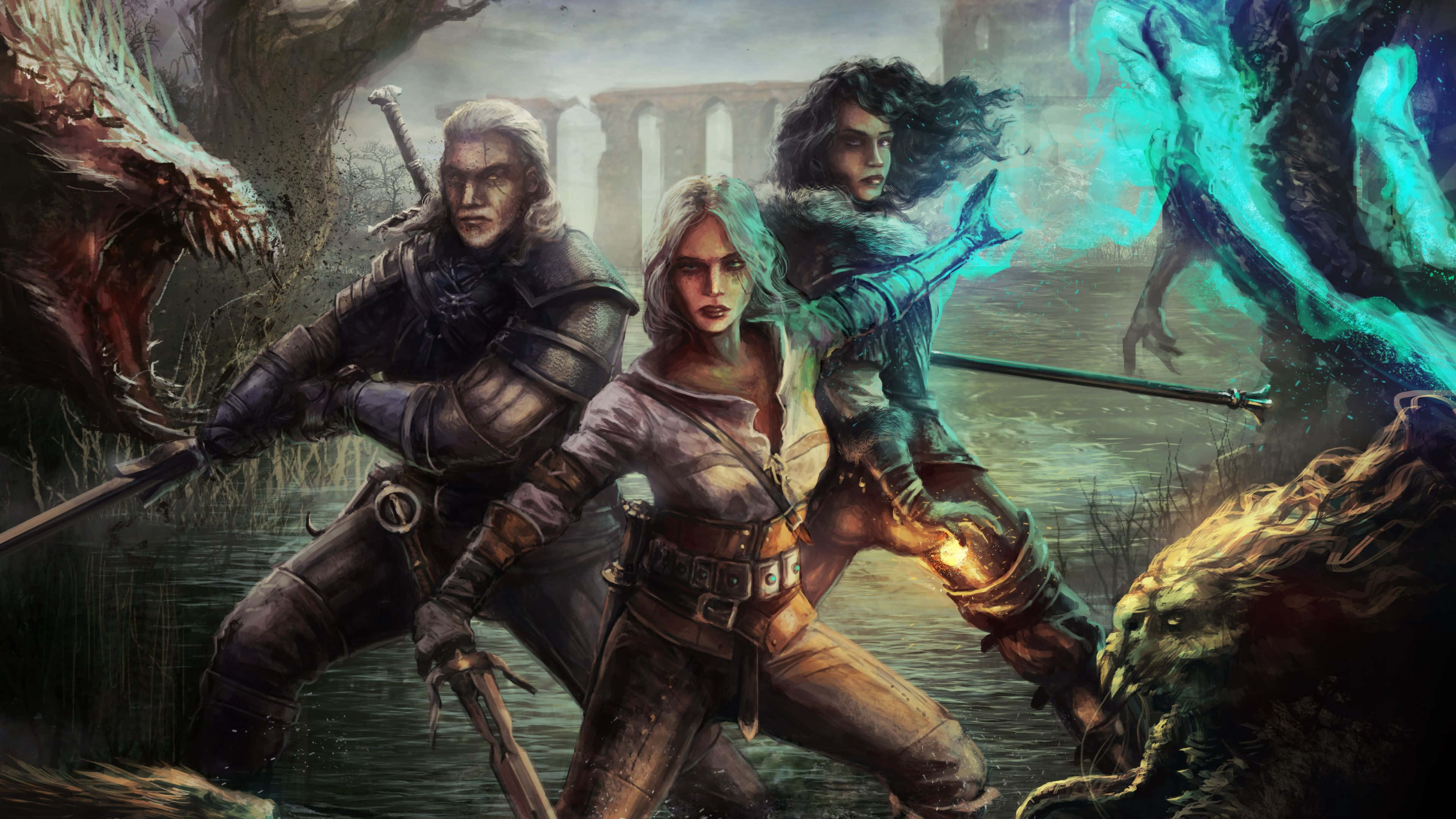 The Witcher 3 Wild Hunt, fantasy warriors, monstrous creatures, 4K Desktop Wallpaper