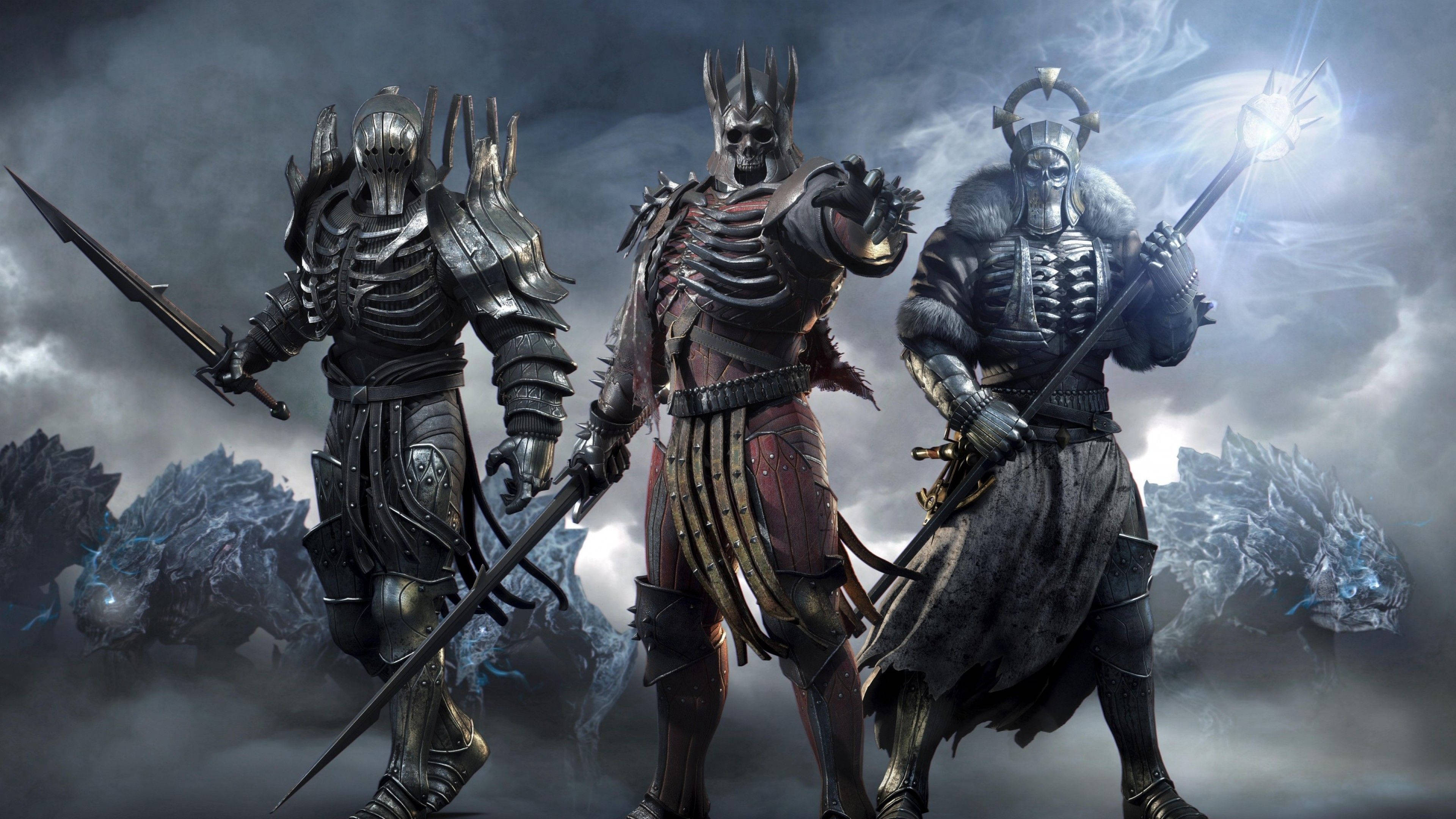 Witcher 3 Wild Hunt, armored skeletal warriors, stormy battlefield, 4K Desktop Wallpaper