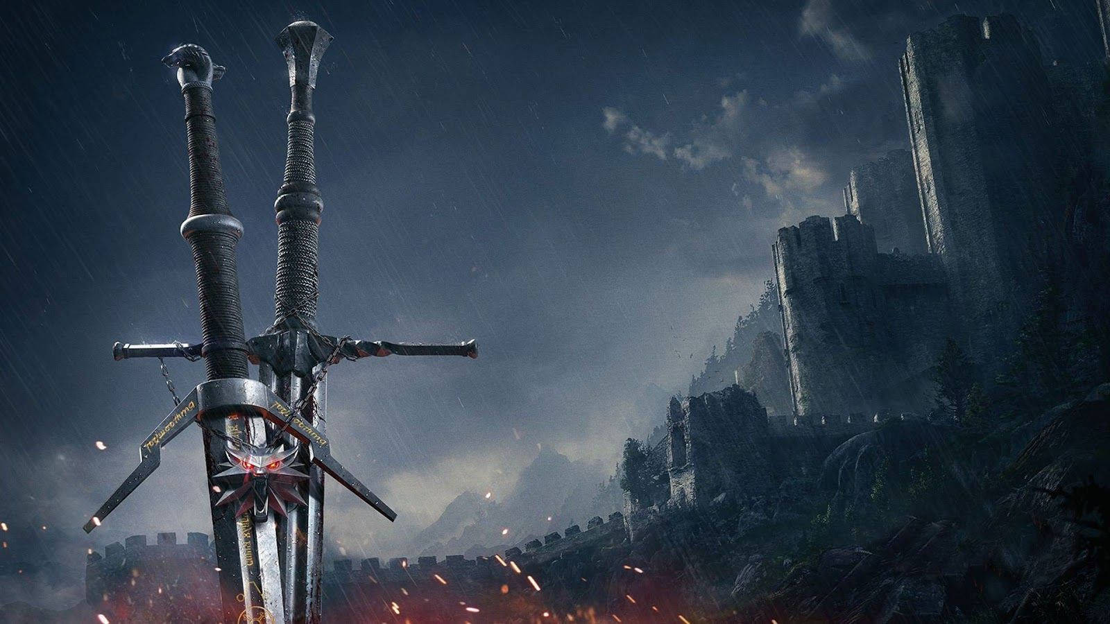 The Witcher 3 Wild Hunt, swords, glowing red sigils, HD Desktop Wallpaper