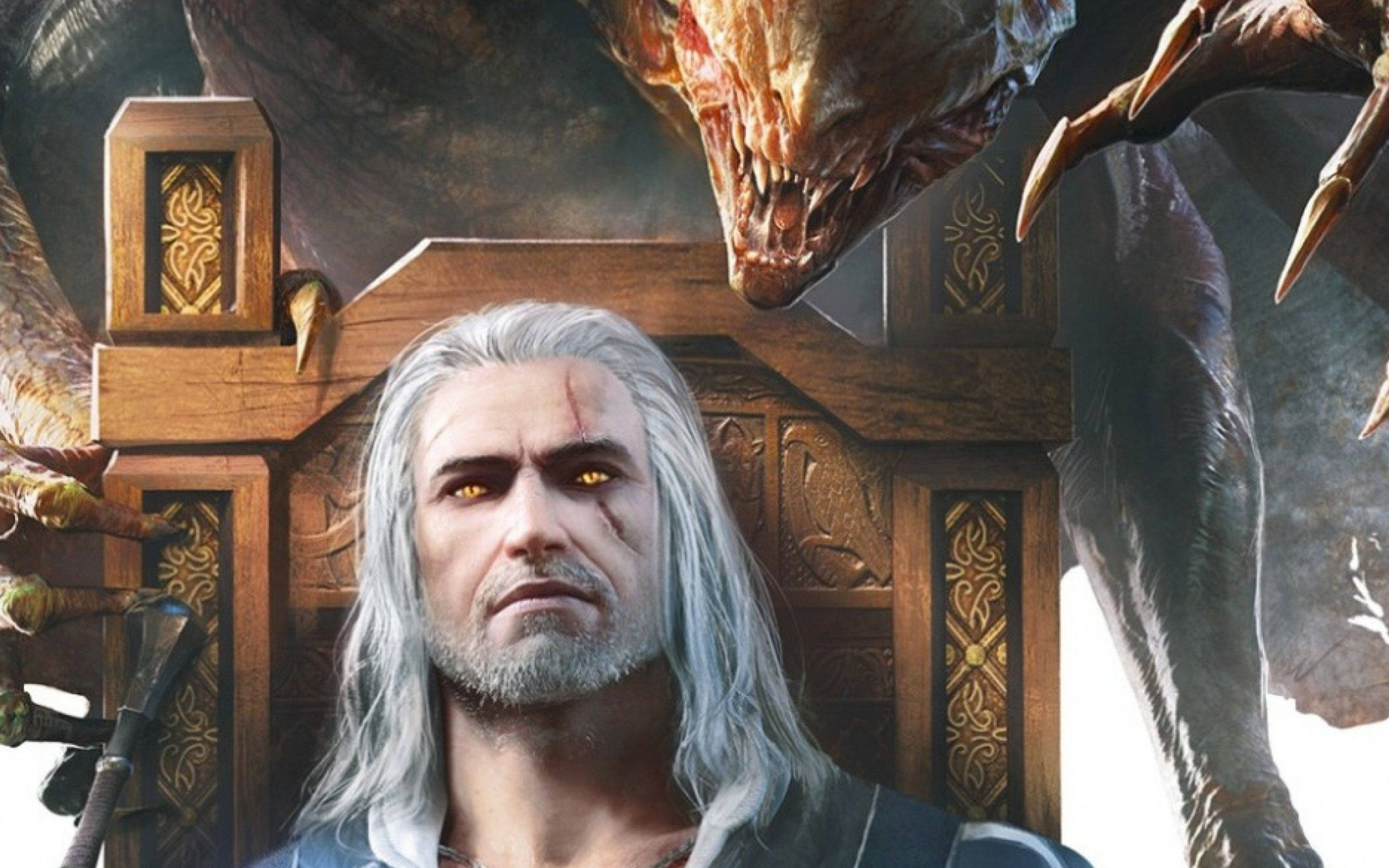 The Witcher 3: Wild Hunt, white-haired warrior, glowing amber eyes, 2K Desktop Wallpaper