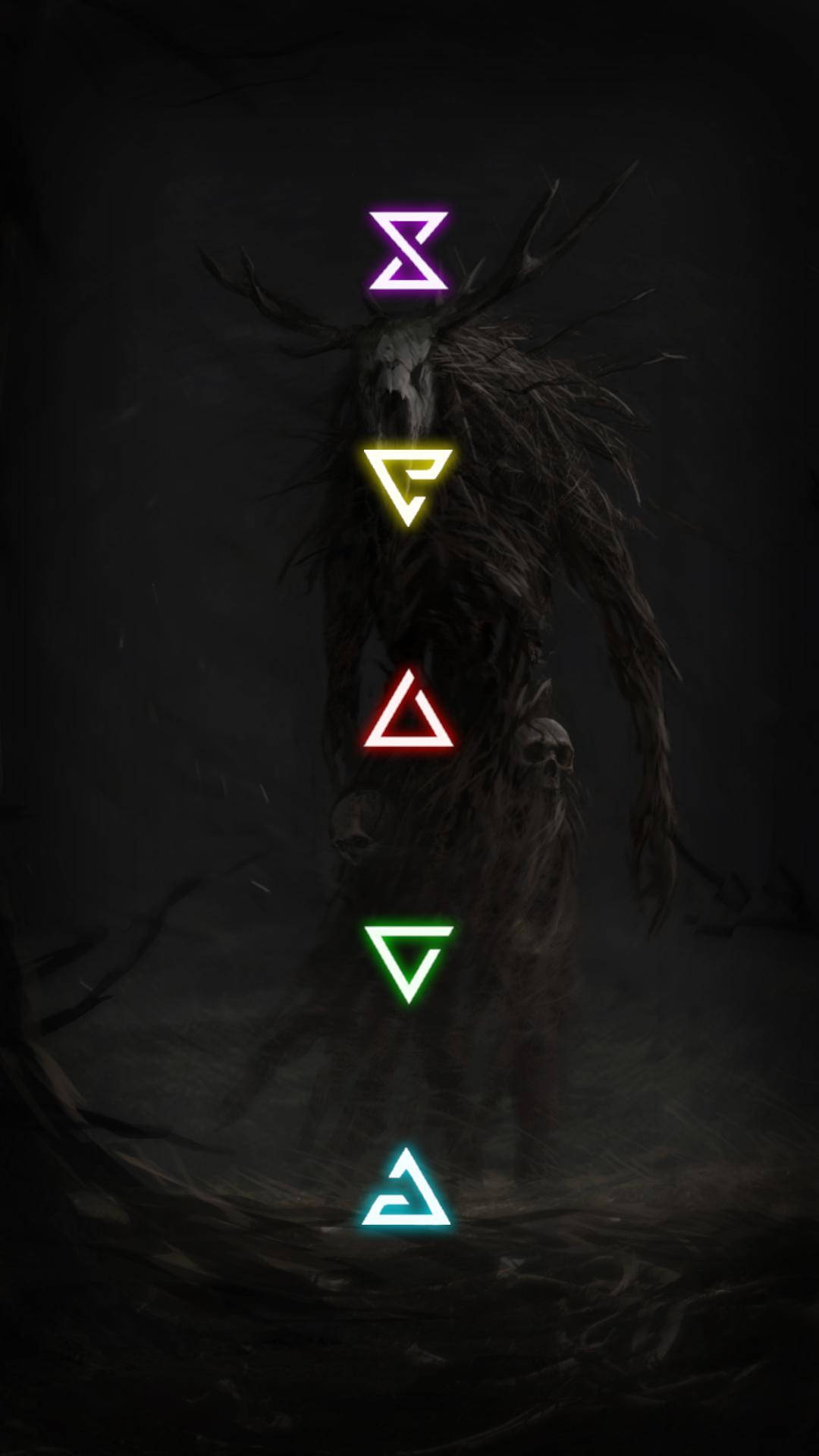 The Witcher 3: Wild Hunt, dark hooded figure with antlers, glowing neon geometric symbols, Full HD Phone Wallpaper