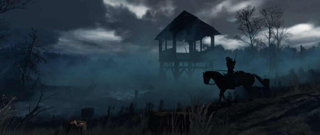 The Witcher 3 Wild Hunt, lone rider on horseback, misty night, SD Desktop Wallpaper