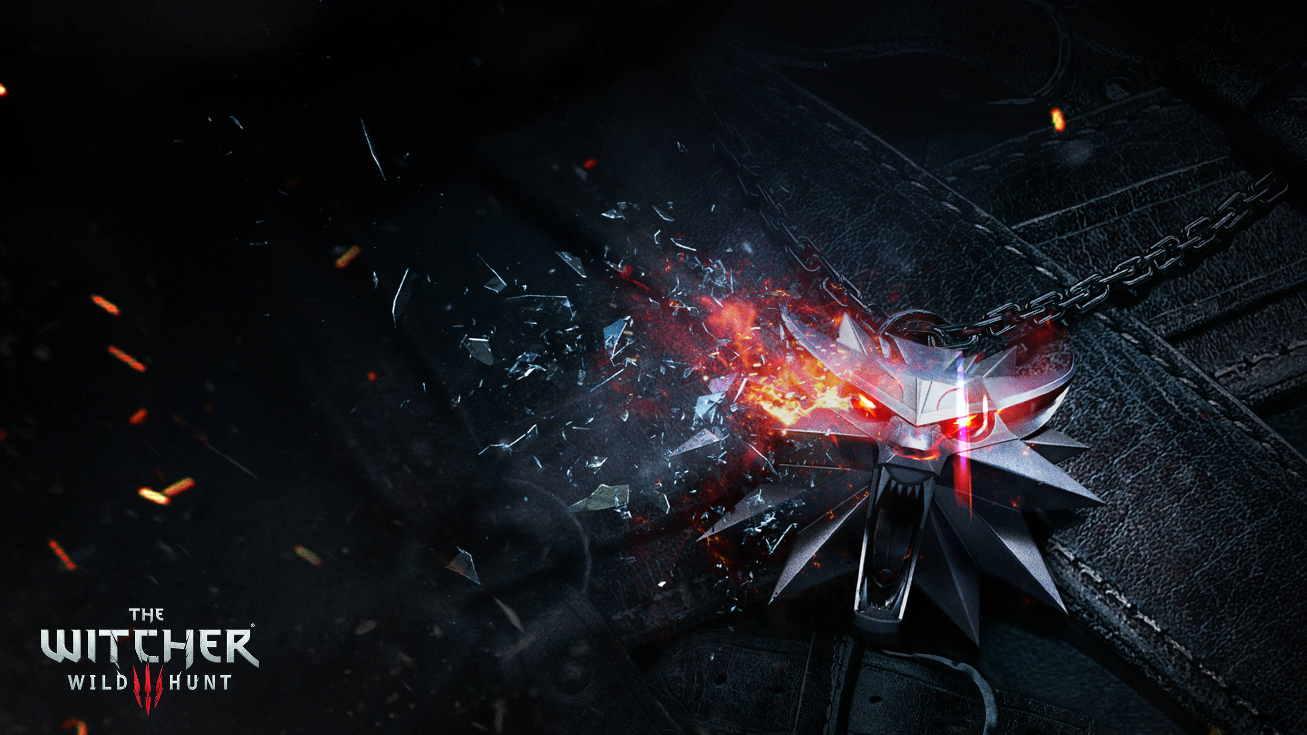 The Witcher 3, blazing red medallion, silver wolf head pendant, 2K Desktop Wallpaper