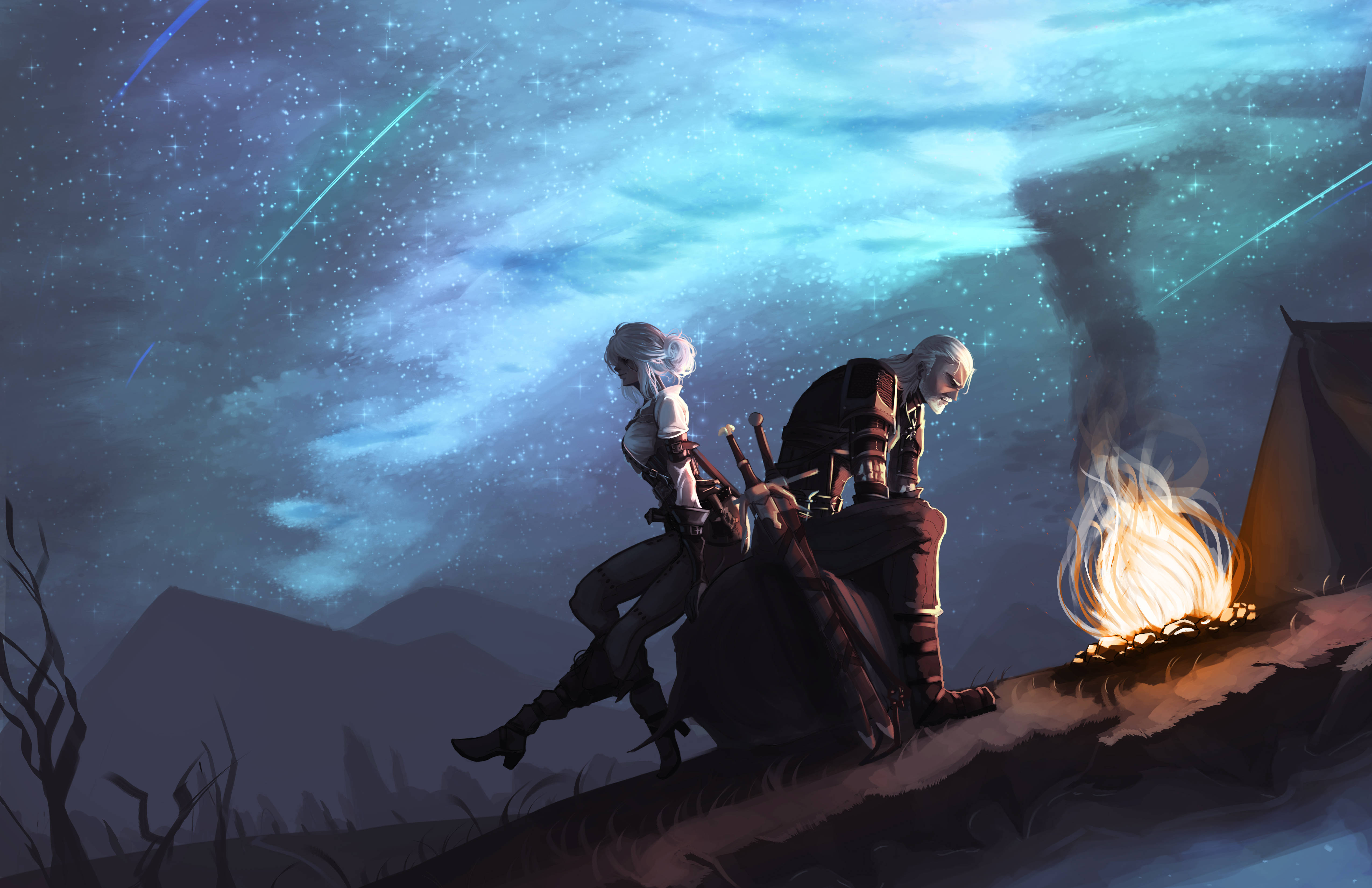 campfire, The Witcher 3, starry night sky, 4K Desktop Wallpaper