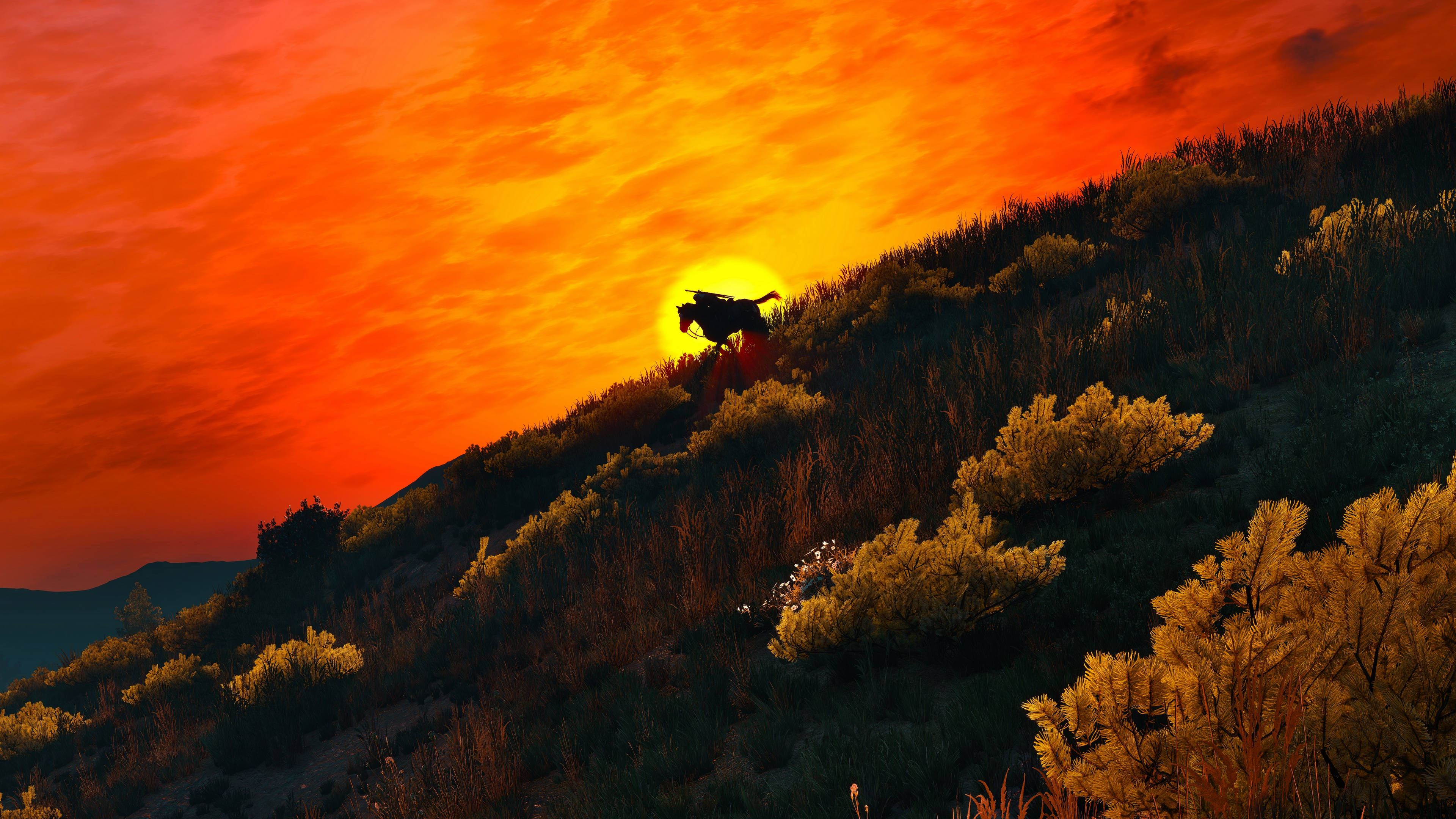 The Witcher 3, orange sunset, lone rider, 4K Desktop Wallpaper