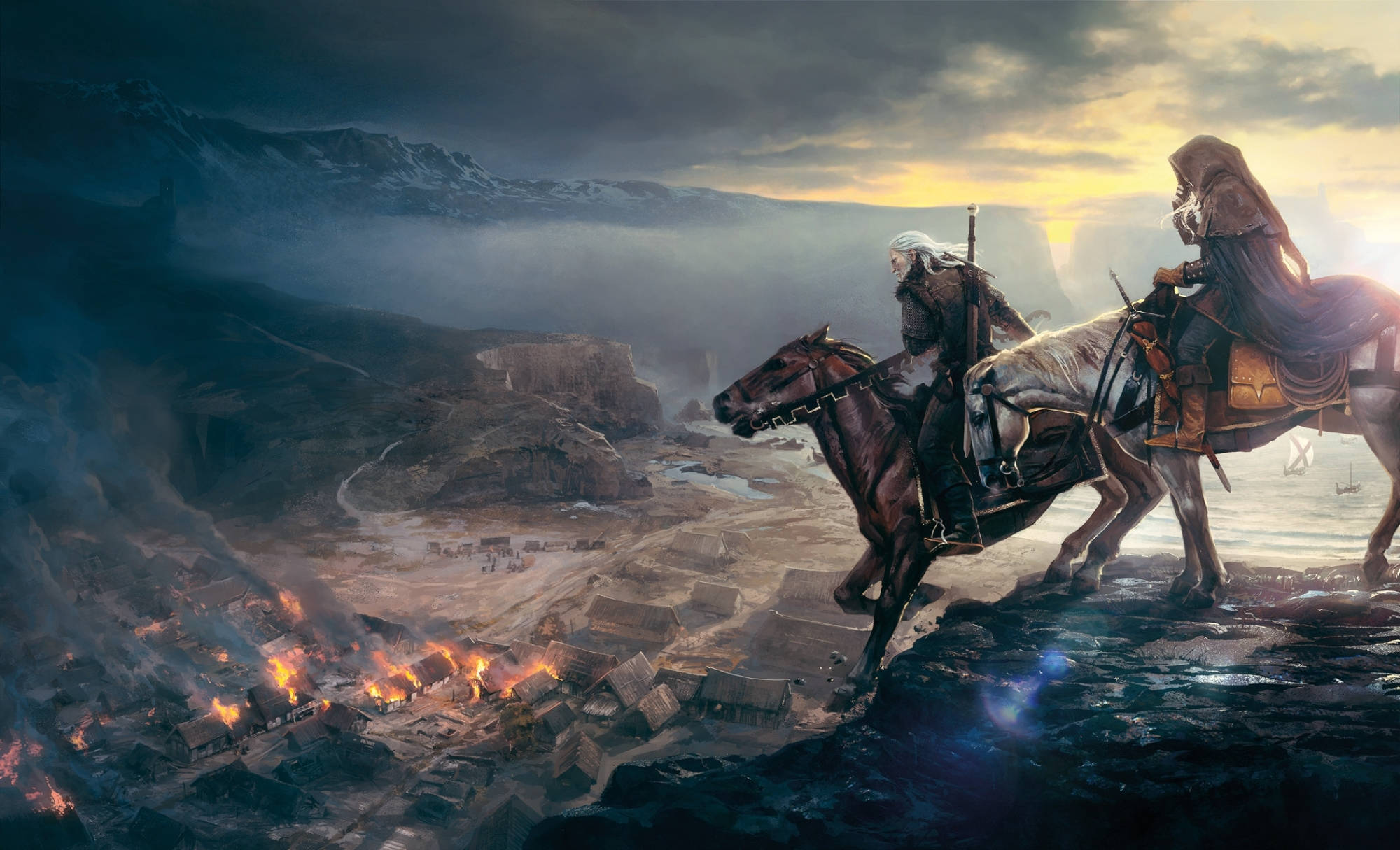 The Witcher 3, burning village, misty mountain valley, Full HD Desktop Wallpaper