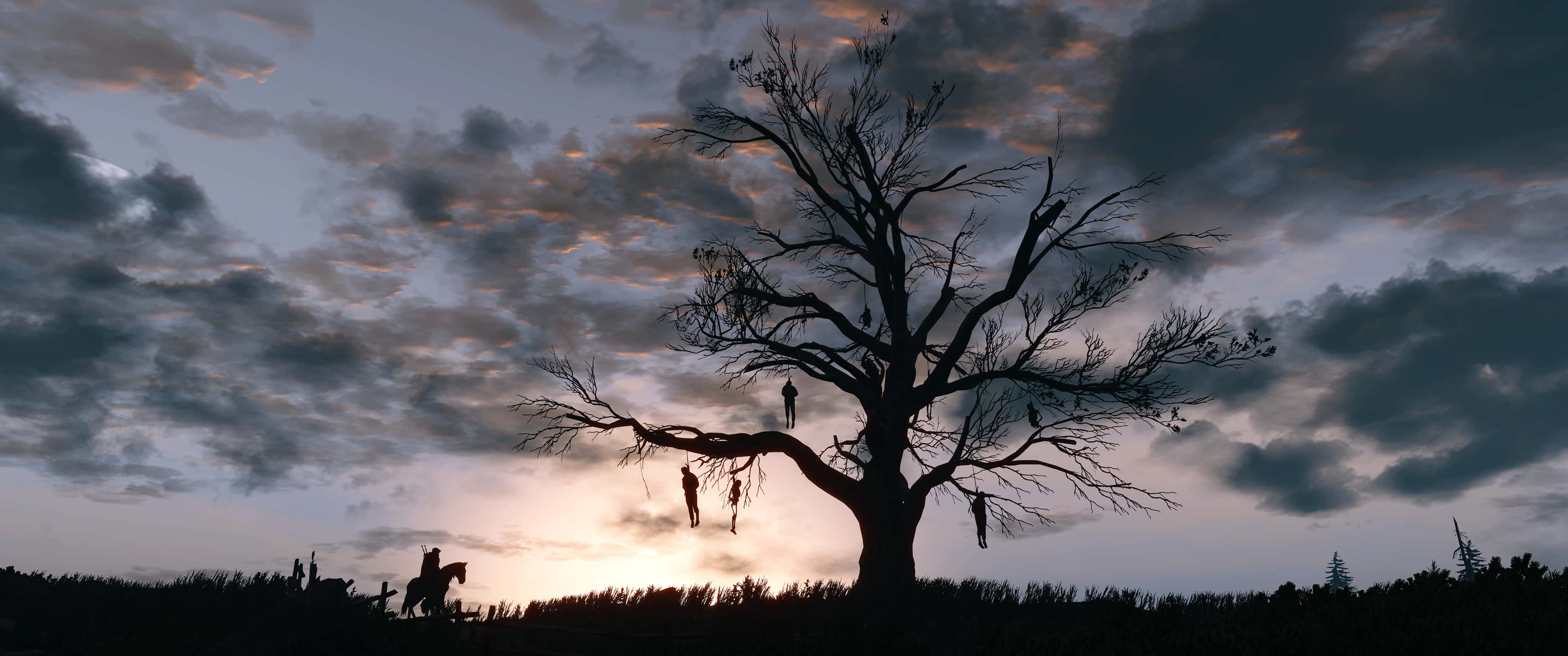 The Witcher 3, twilight sky, orange and gray clouds, 2K Desktop Wallpaper