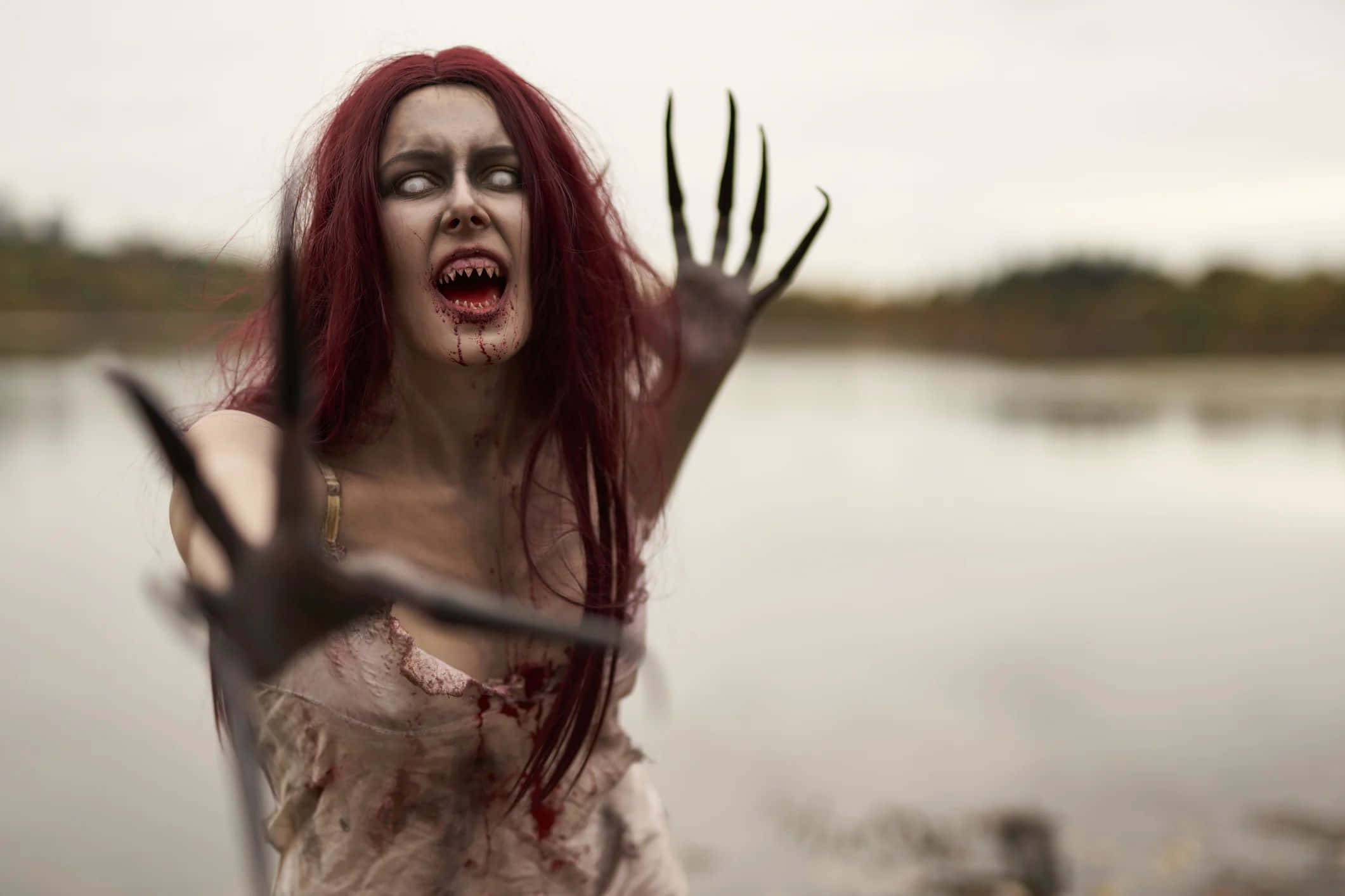 Bruxa, zombie woman, bloodied red-haired, Full HD Desktop Wallpaper
