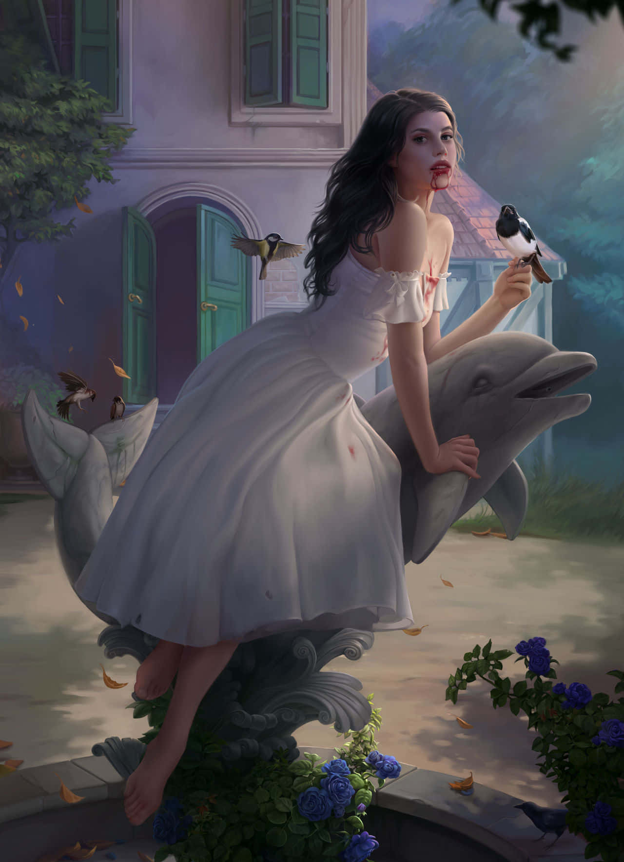 Bruxa, dolphin statue, white dress, HD Phone Wallpaper