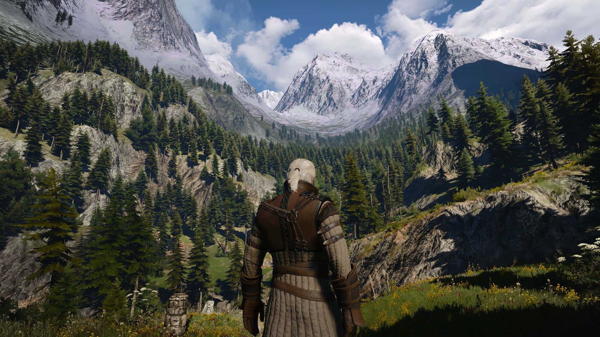 Witcher, white-haired warrior, leather armor, Full HD Desktop Wallpaper