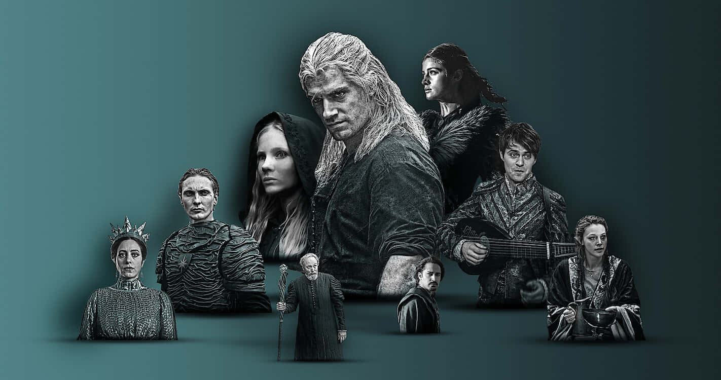The Witcher Characters, monochrome, teal backdrop, HD Desktop Wallpaper