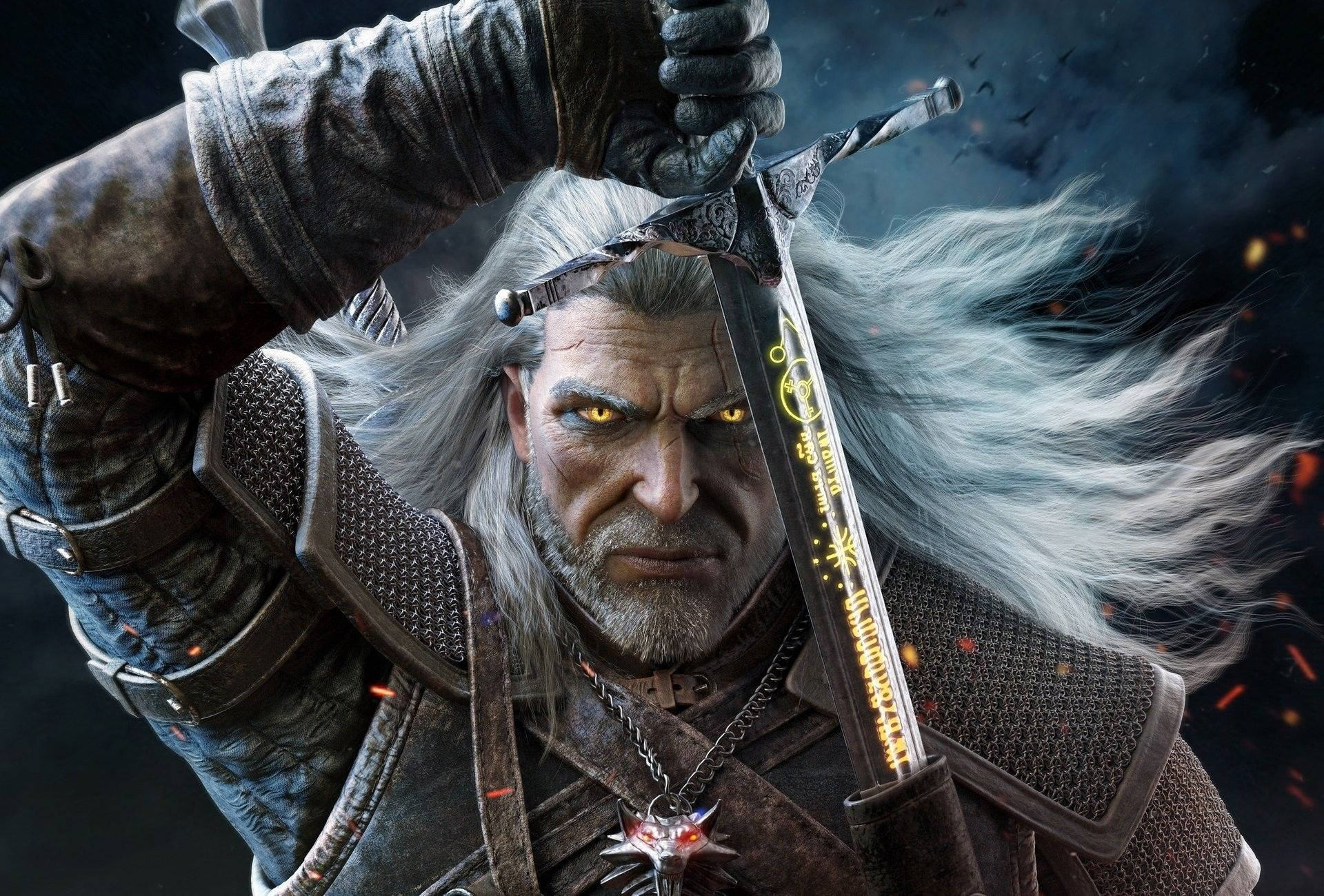 The Witcher 3, white-haired warrior, glowing yellow eyes, Full HD Desktop Wallpaper