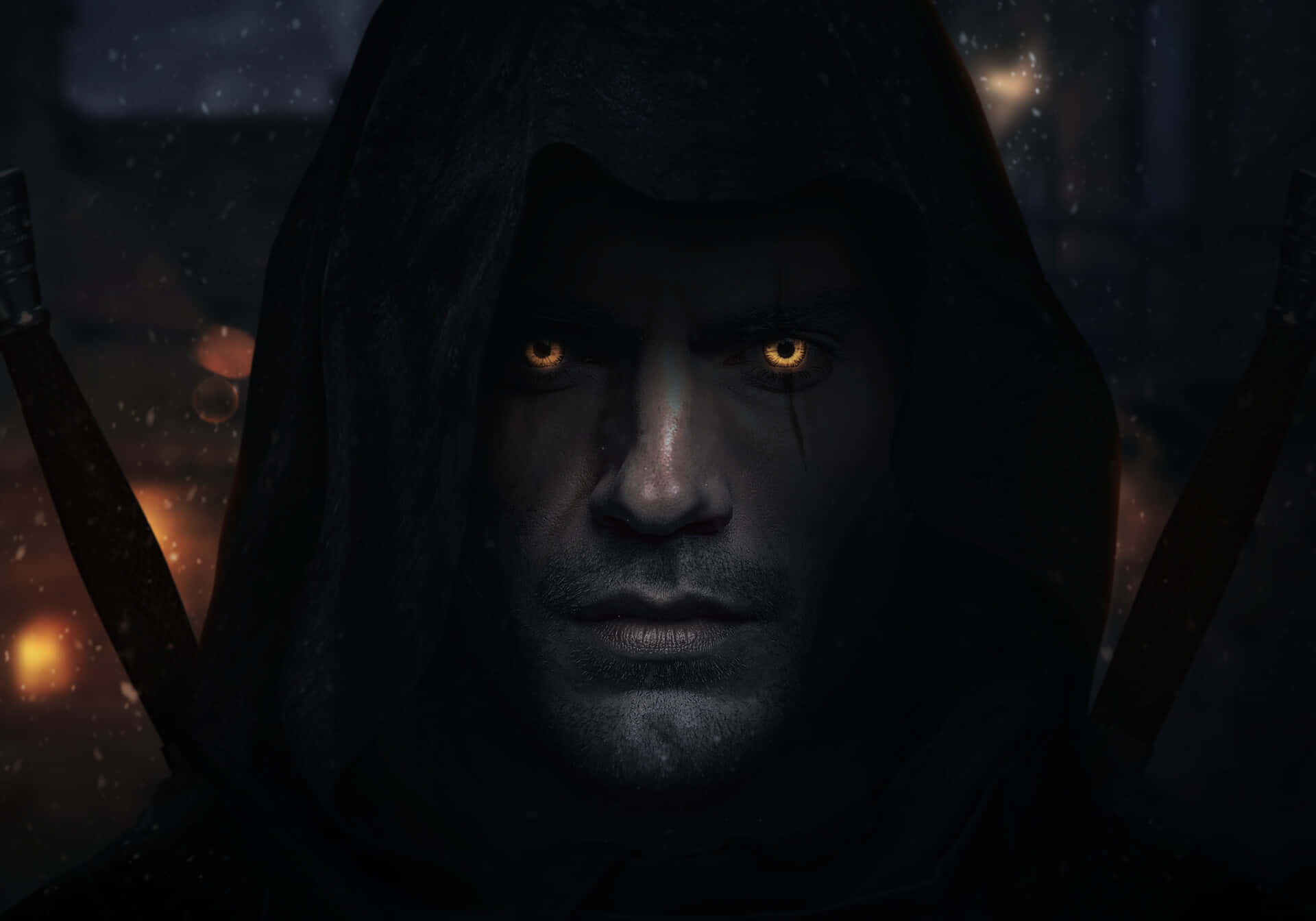 The Witcher, hooded warrior, glowing amber eyes, Full HD Desktop Wallpaper