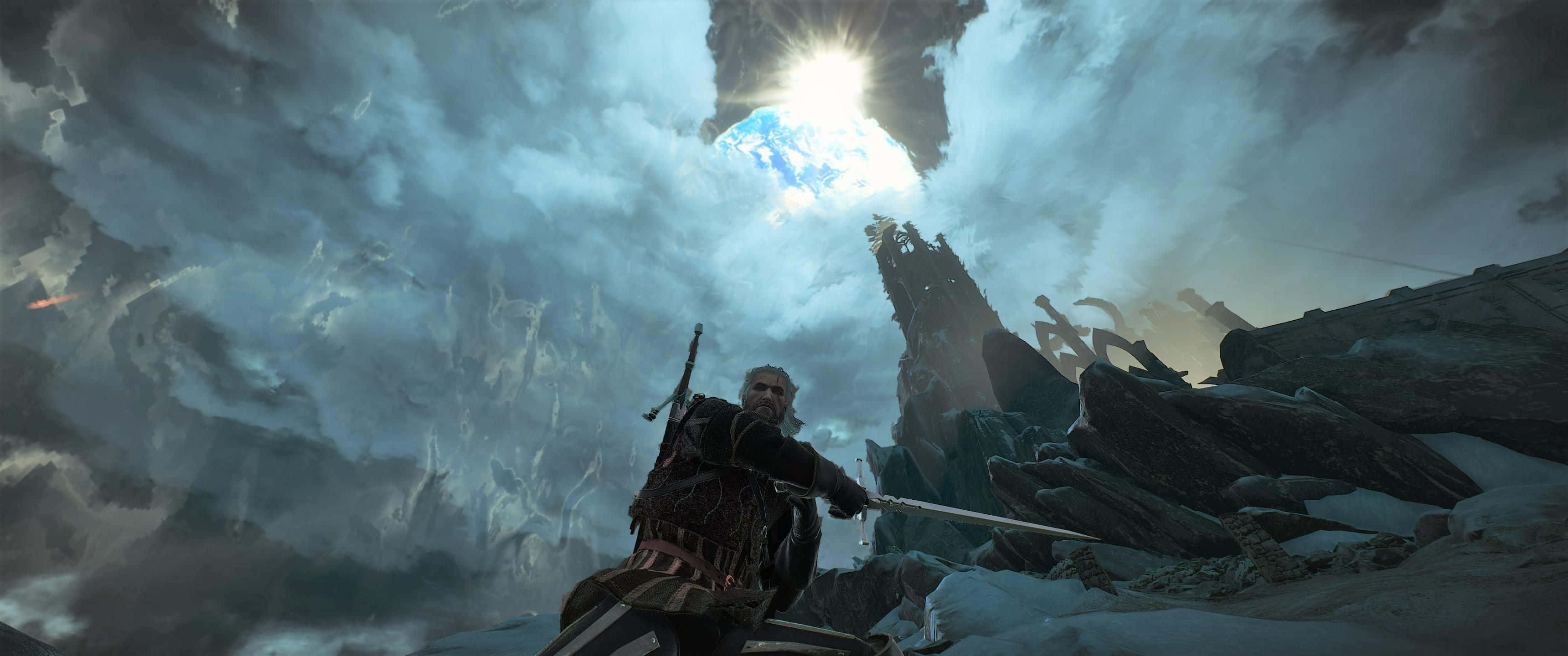 Witcher, snowy cliff edge, dramatic sky, 2K Desktop Wallpaper
