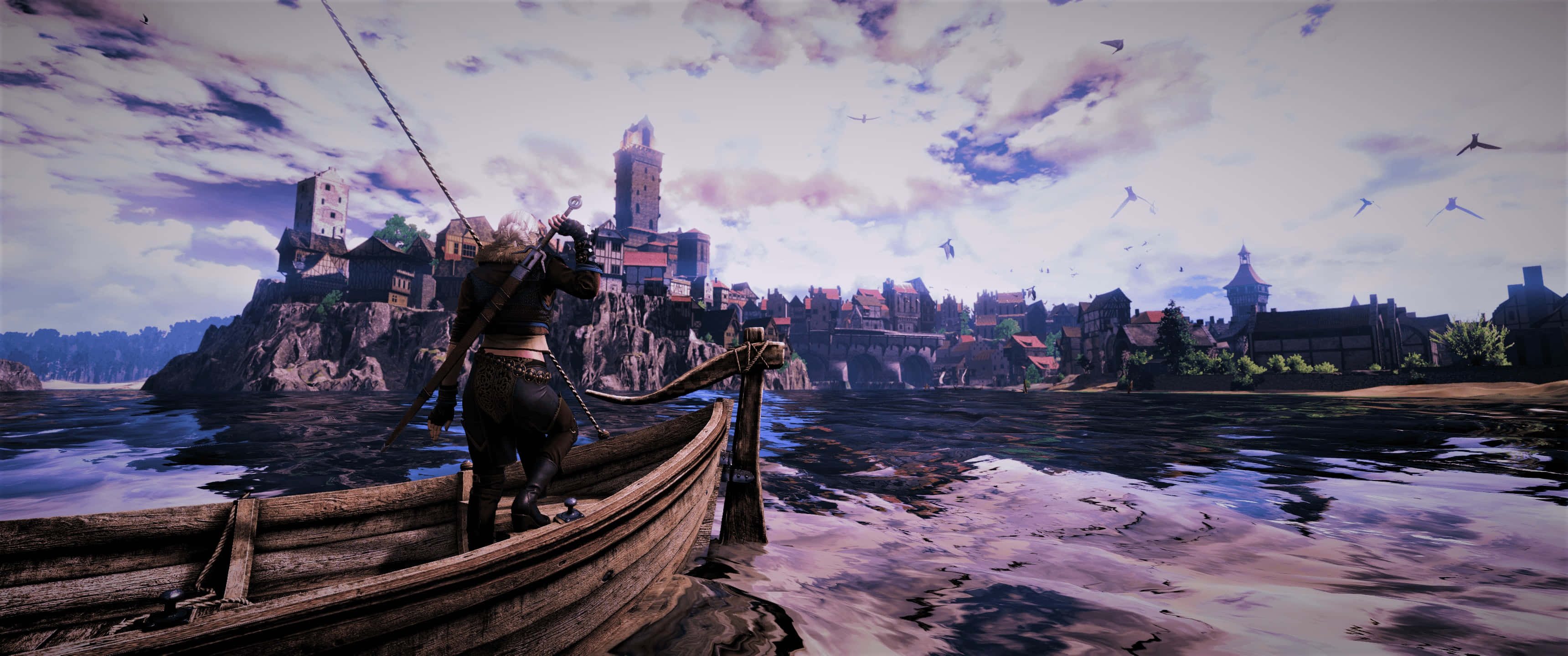 Novigrad, twilight, wooden boat, 2K Desktop Wallpaper