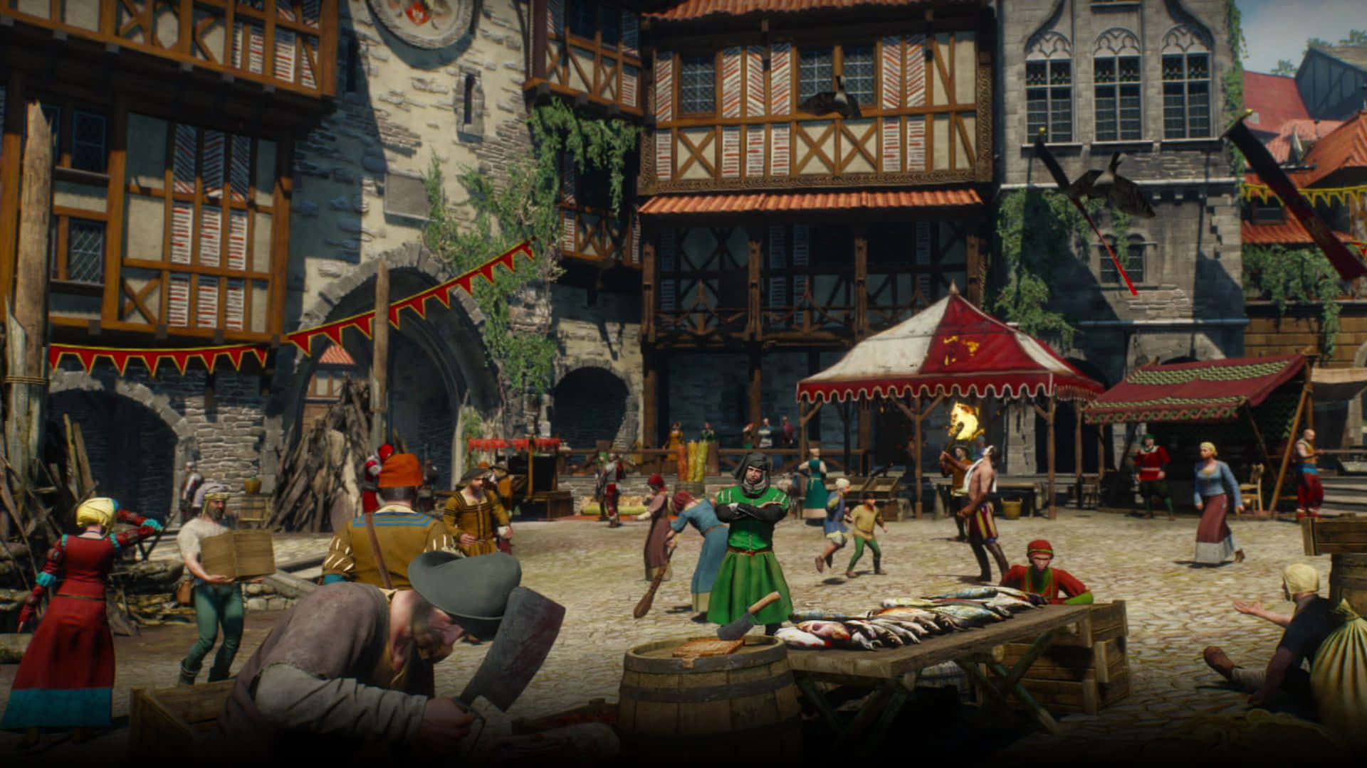 Novigrad, The Witcher, medieval marketplace, Full HD Desktop Wallpaper