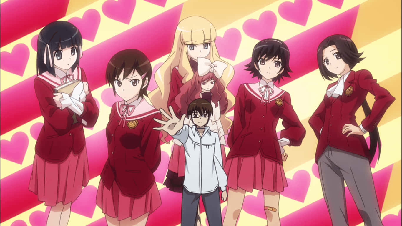 The World God Only Knows, red school uniforms, vibrant pink and yellow heart-patterned background, HD Desktop Wallpaper
