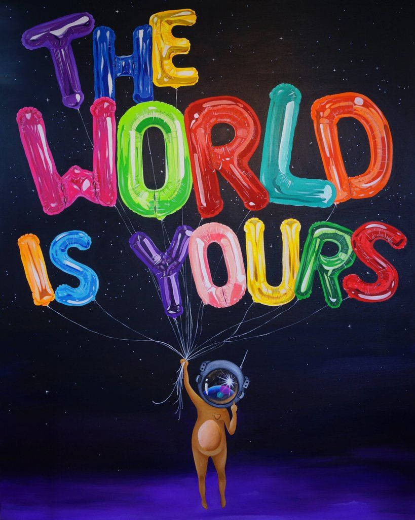 THE WORLD IS YOURS, cartoon astronaut, colorful balloon letters, SD Phone Wallpaper