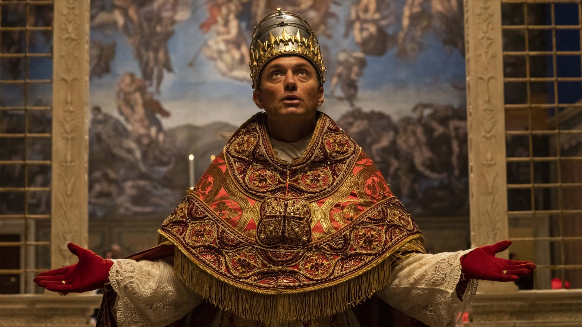 The Young Pope, red gold and white papal robes, crown, Full HD Desktop Wallpaper