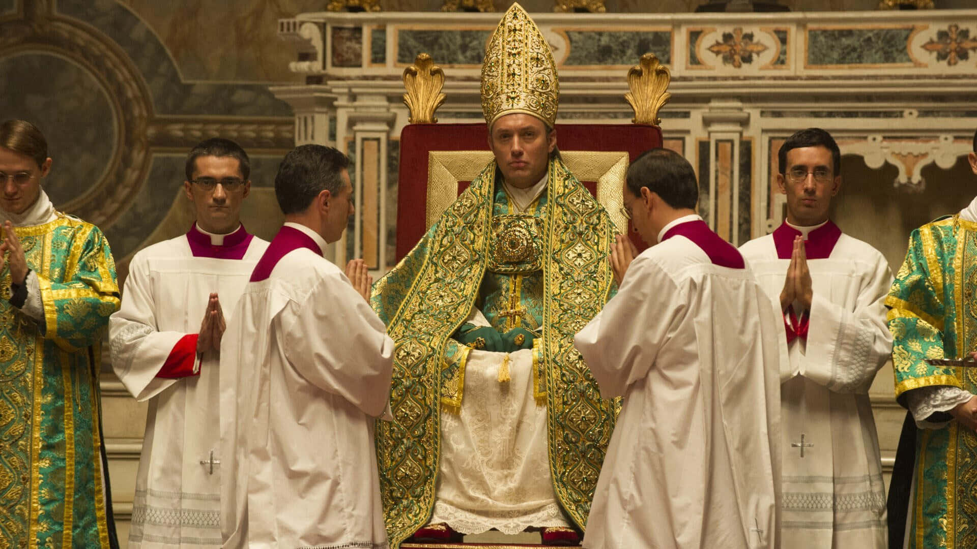 The Young Pope, coronation ceremony, gold and green vestments, Full HD Desktop Wallpaper
