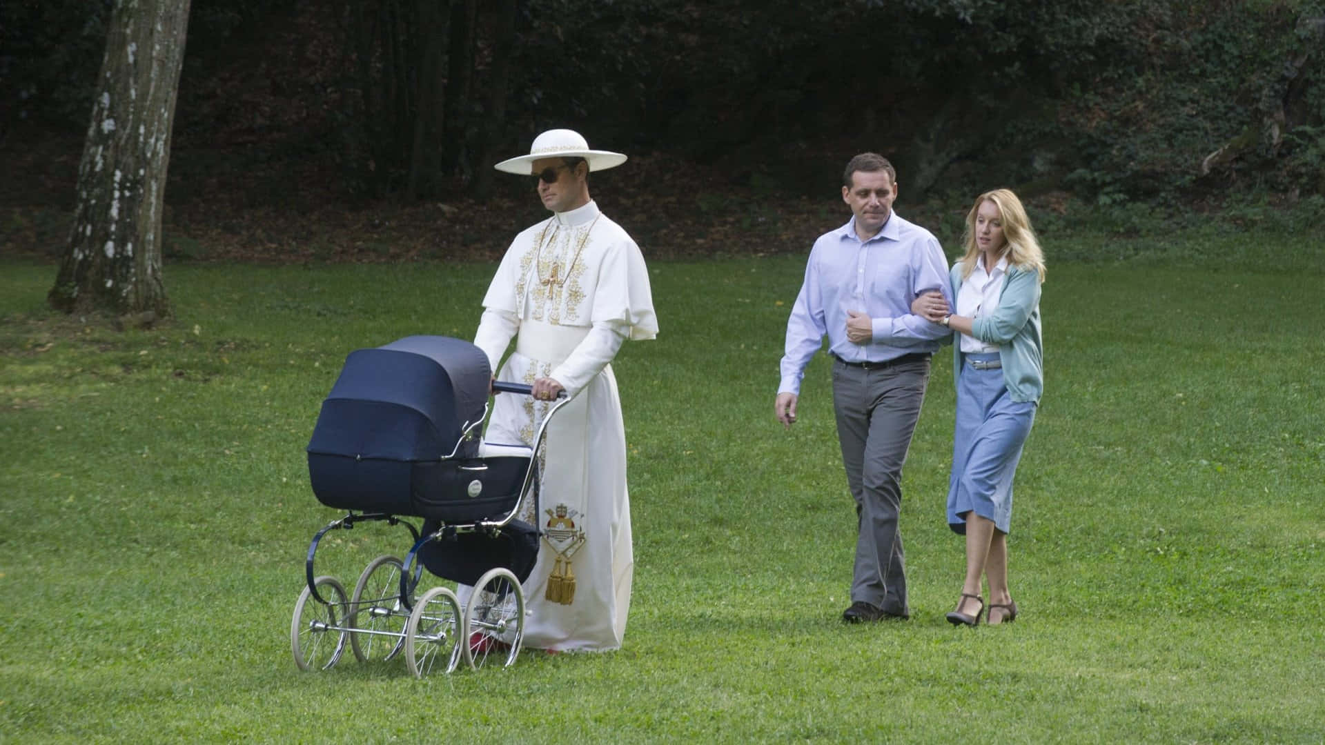 The Young Pope, white religious robes, navy blue baby carriage, Full HD Desktop Wallpaper