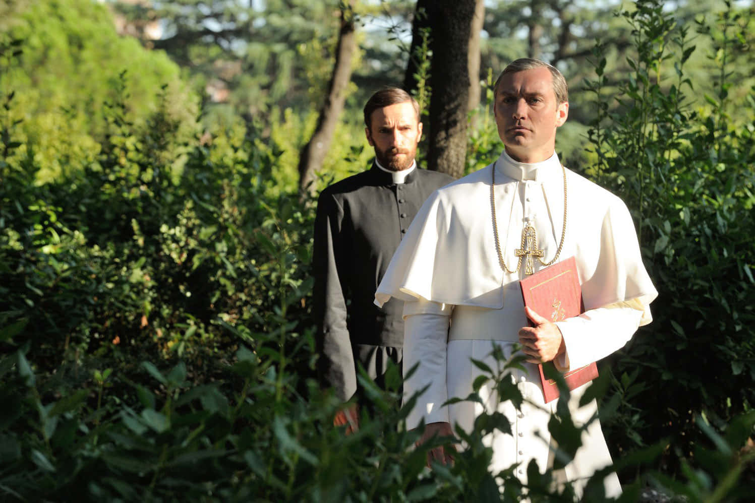 The Young Pope, white and black robes, sunlit green foliage, HD Desktop Wallpaper