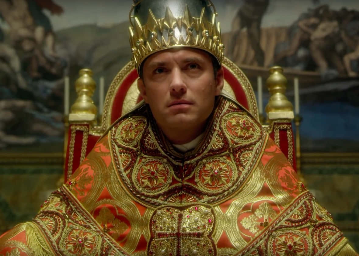 The Young Pope, red and gold royal robes, crown, SD Desktop Wallpaper