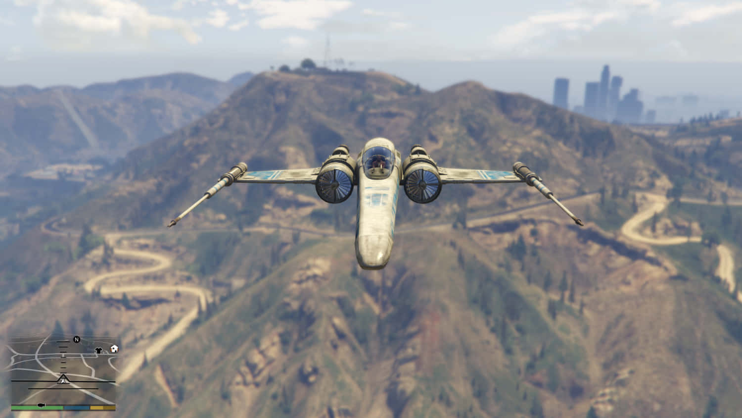 The Z-95 Headhunter, mountainous terrain, distant city skyline, HD Desktop Wallpaper