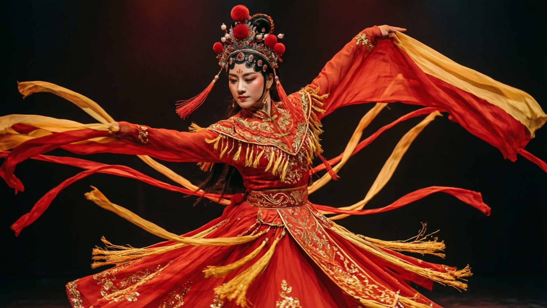 The8, vibrant red and gold traditional costume, flowing ribbons, Full HD Desktop Wallpaper