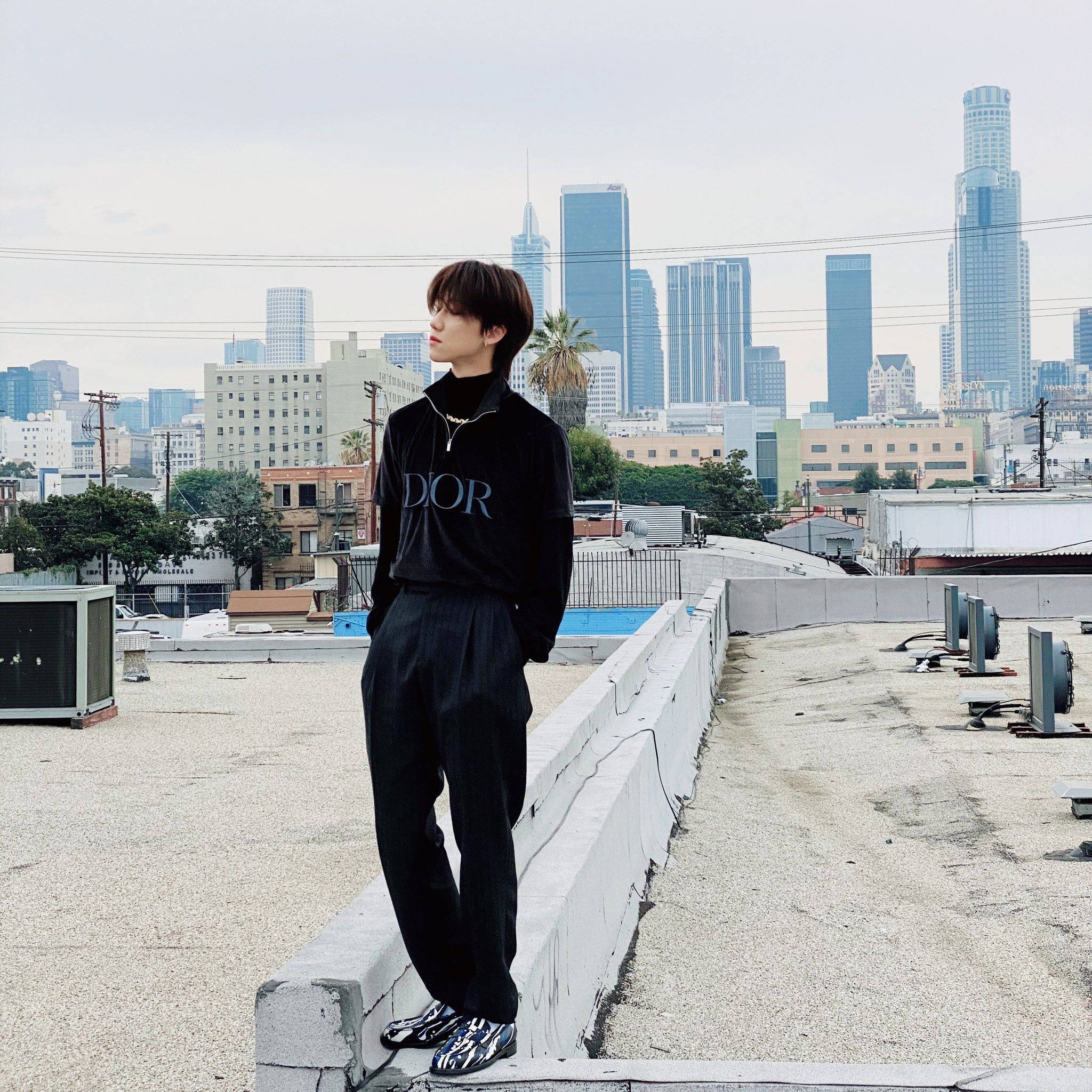 The8, black Dior apparel, rooftop ledge, Full HD Desktop Wallpaper