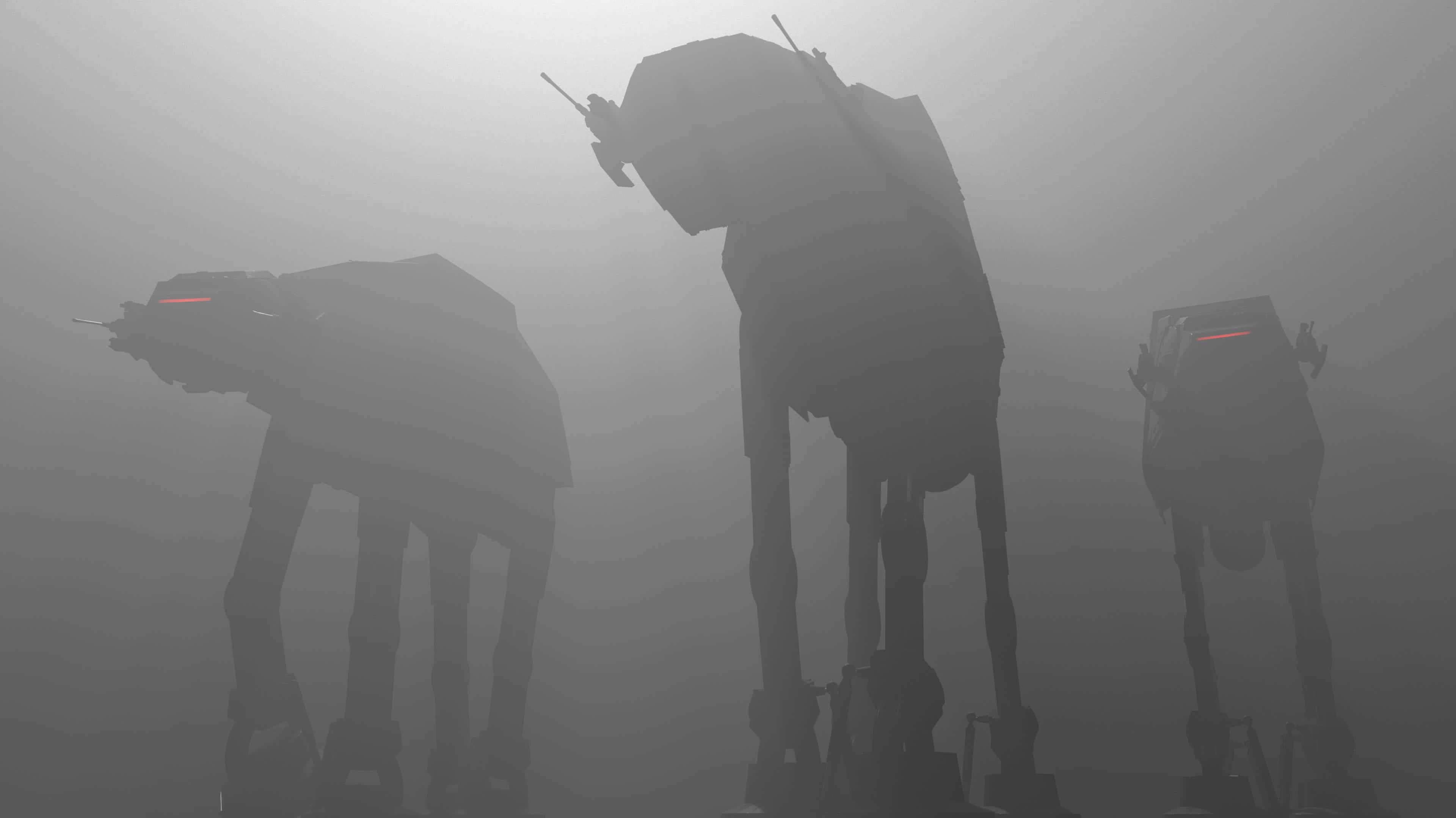 AT-AT, misty gray fog, glowing red eyes, 4K Desktop Wallpaper
