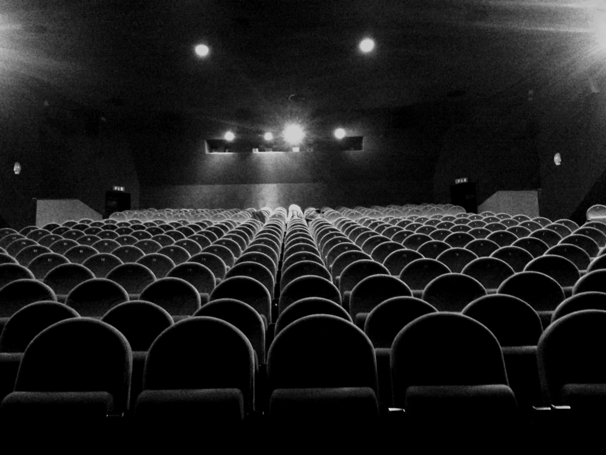 black and white movie theater photo, cinema seats, dark screen, Full HD Desktop Wallpaper