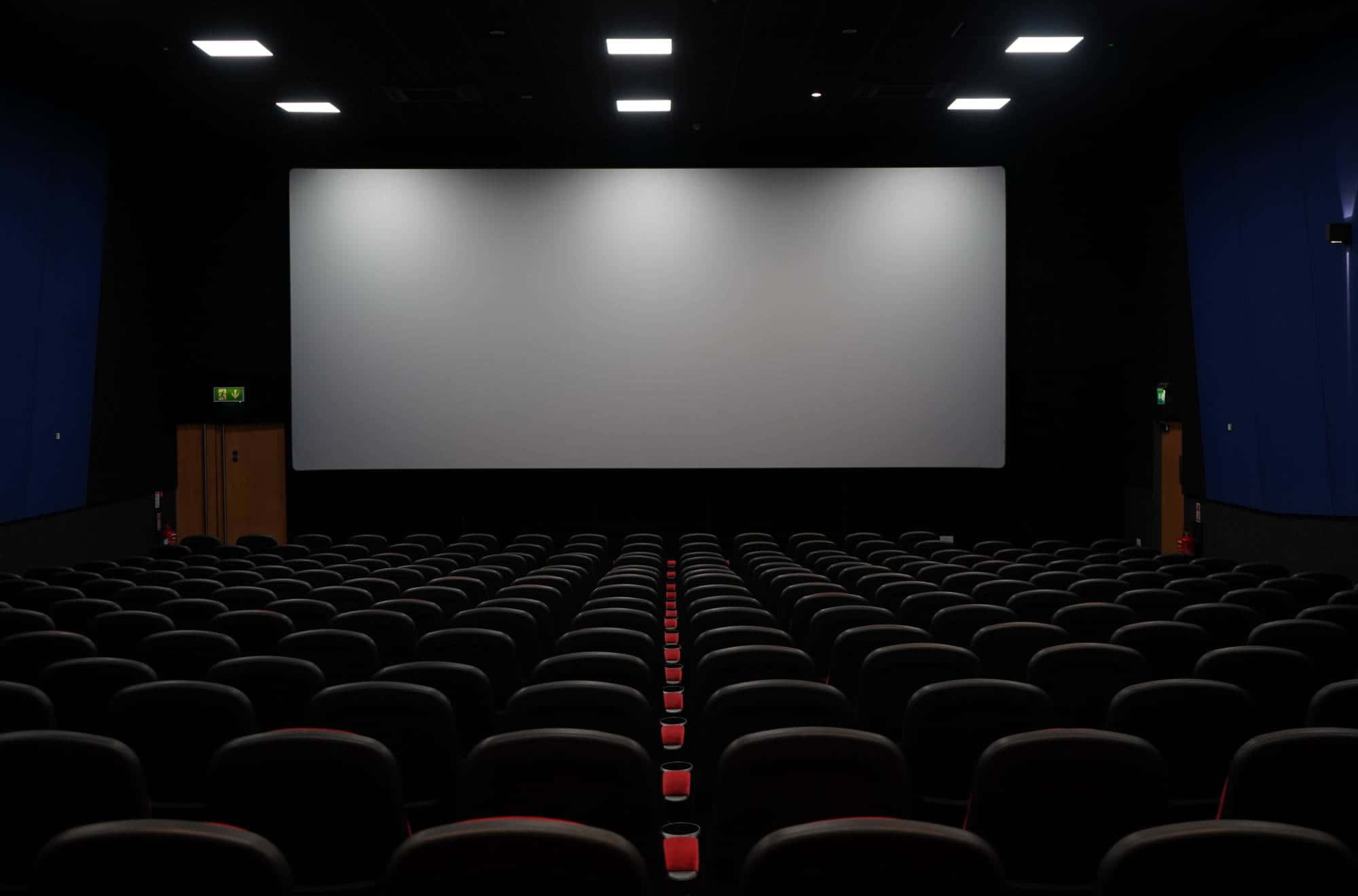 Retroactive Scene Of An Event, dark theater seats, bright blank screen, Full HD Desktop Wallpaper