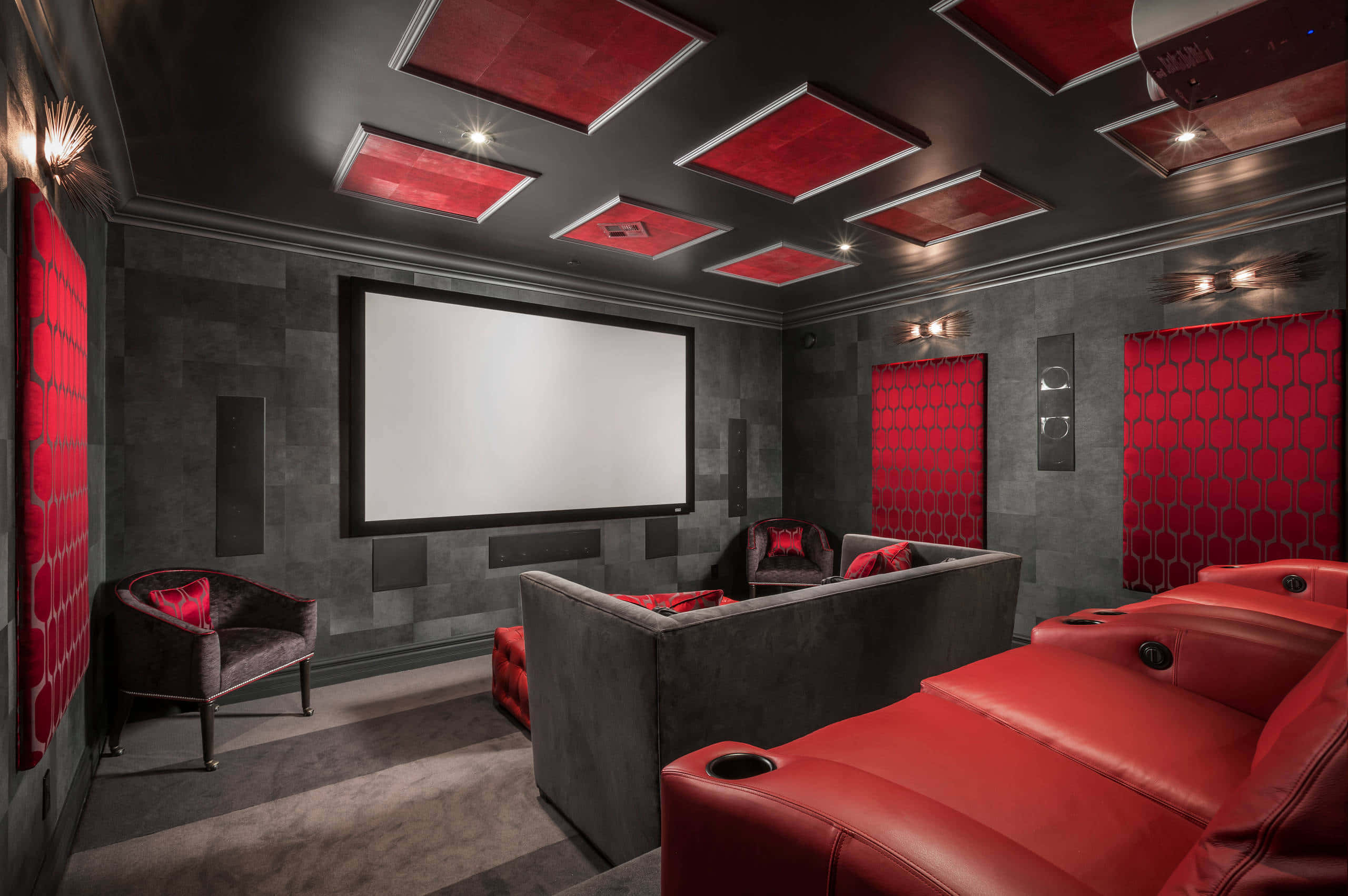 home theater, red leather recliners, patterned walls, 2K Desktop Wallpaper