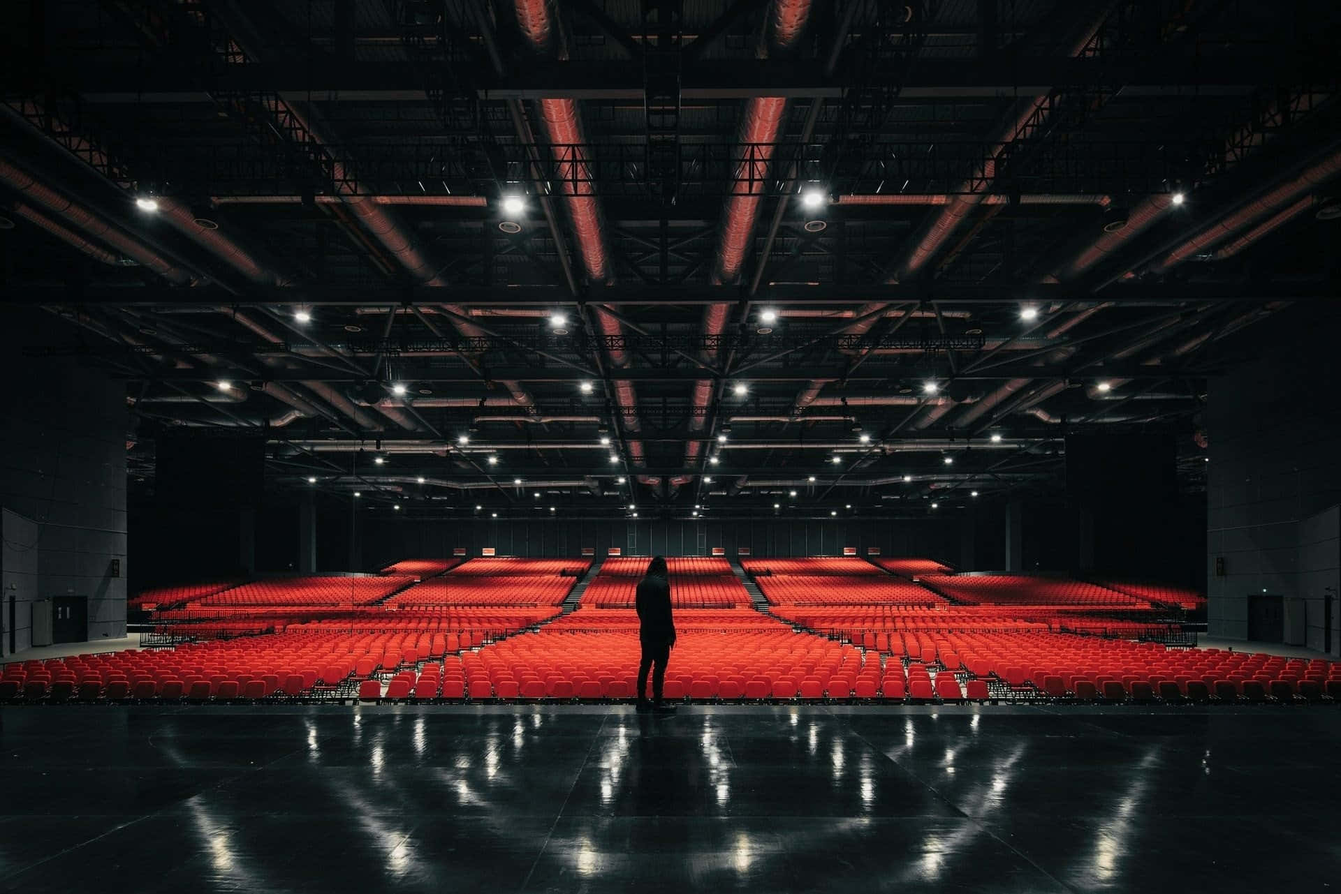 theater, glowing red seats, lone silhouette, Full HD Desktop Wallpaper
